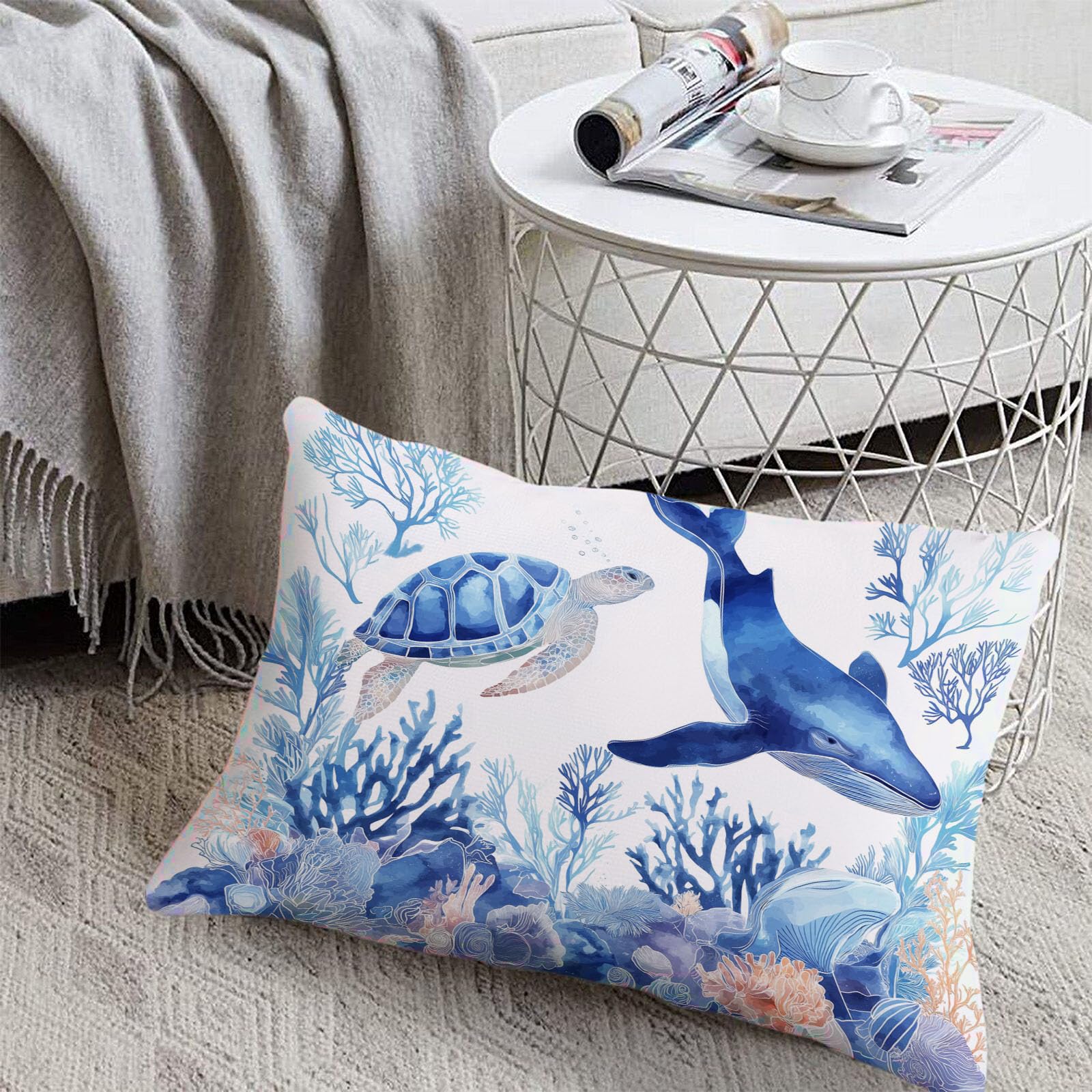 Edredón Azul Invierno Nórdico 200x200 cm, Edredón Tortugas Marinas Ballenas Tacto Suave y Confortable de Microfibra 200g/m2, Edredónes Acuarela Estilo Océano Diseño Reversible con 2 Fundas de Almohada