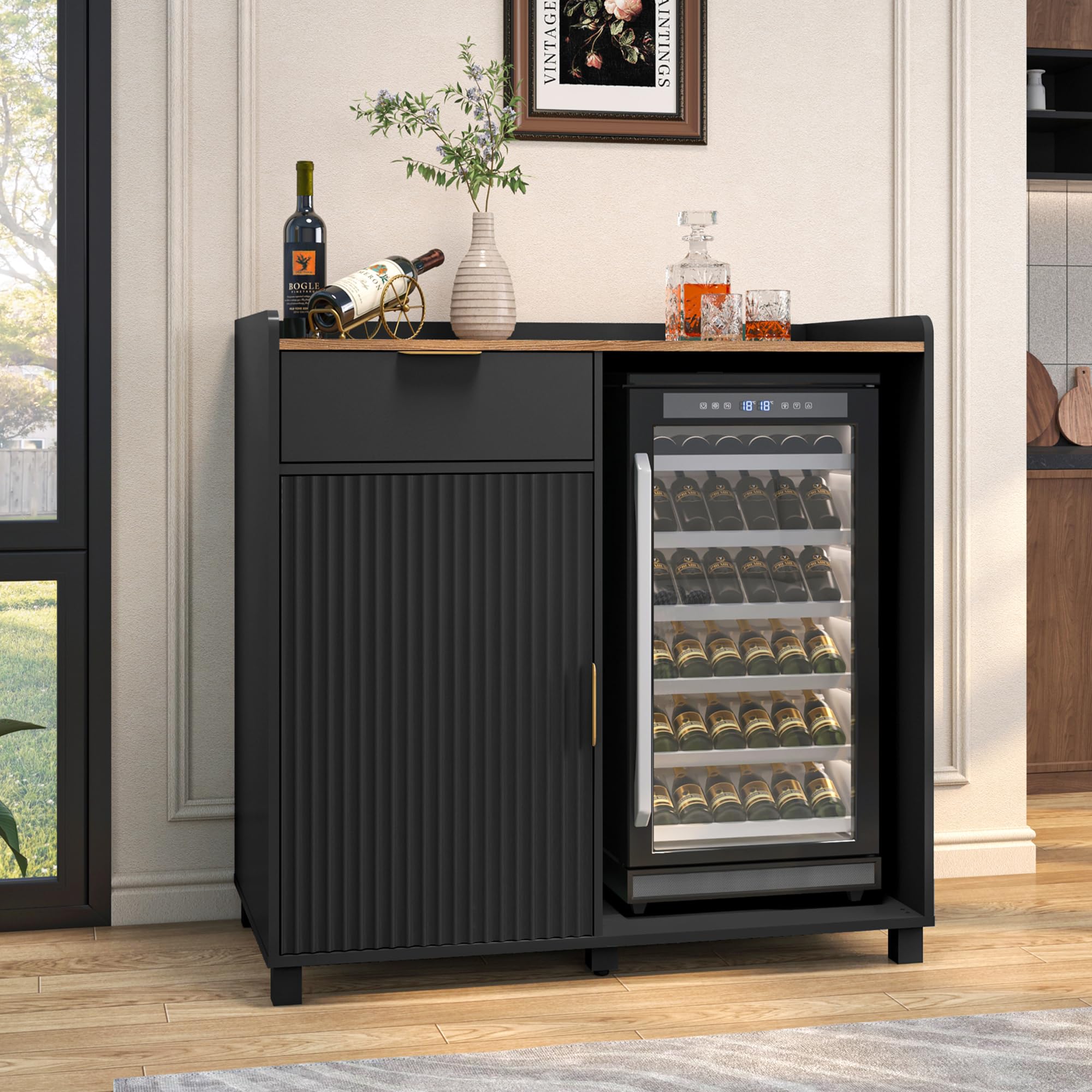Coffee Bar Cabinet with Fridge Space&Fluted Door, Mini Fridge Cabinet with Wine Storage, Modern Sideboard Buffet Cabinet for Dining Room, Living Room, Kitchen, Black
