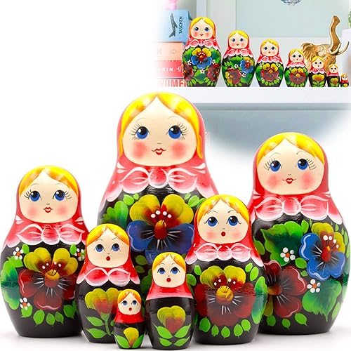 AEVVV Juego de 7 muñecas rusas de anidación – Matryoshka muñecas en cabeza roja bufanda y vestido Sarafan con flores de pensamiento – Muñecas rusas