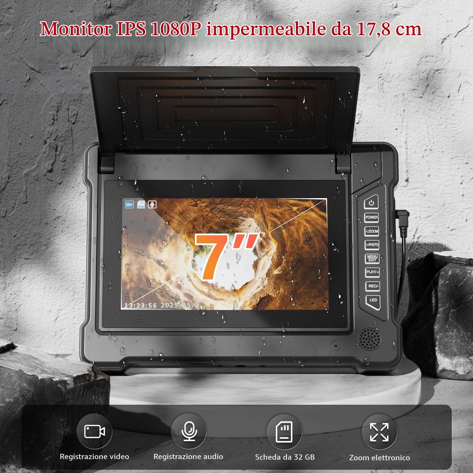 Telecamera di Ispezione per Tubi 30M, Schermo IPS da 7" con DVR e Registrazione Audio, Endoscopio Industriale per Fognature con Cavo da 5 mm e Marcature Metriche, Scheda da 32GB Inclusa (23MM-30M)