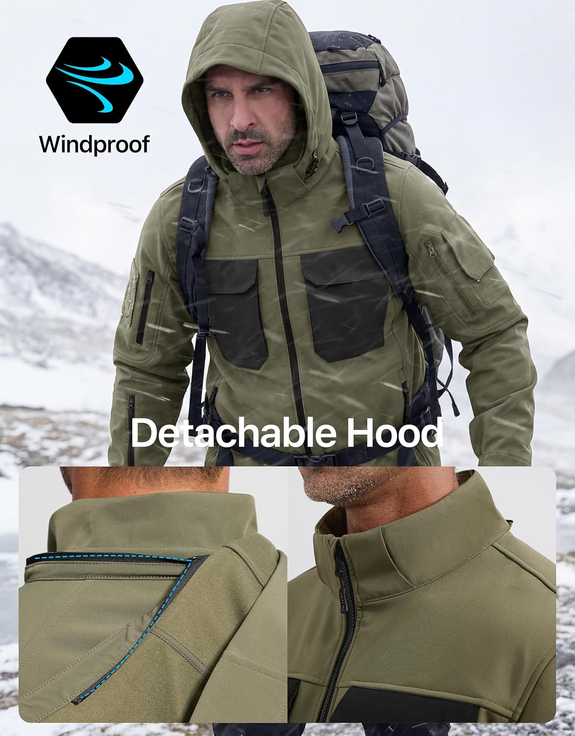 FREE SOLDIER Men's Waterproof Softshell Jacket Fleece Lined Outdoor Jacket Tactical Military Hoodie Windbreaker - Image 6