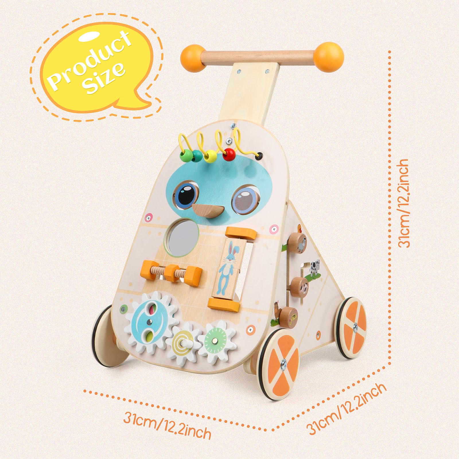 Jacootoys Activité Walker en Bois, Vitesse réglable Bambin Push Walker Activity Center Toy, Baby Walker en Bois Push et Pull Learning Walker pour garçons Filles 1 2 3 Ans
