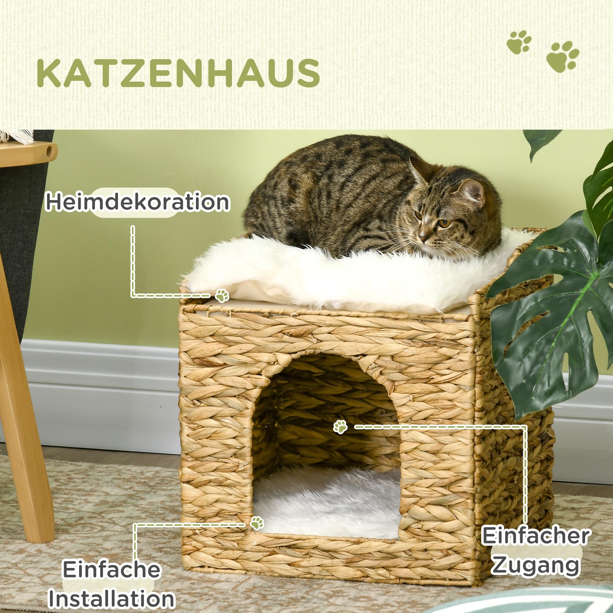 PawHut Rattan Katzenhaus, Katzenhöhle mit Kissen, Katzenbett mit 2 Ebenen, Katzenkorb, Katzenhütte für Katzen bis 5 kg, Wasserhyazinthengras, 37,5 x 37,5 x 41,5 cm, Braun