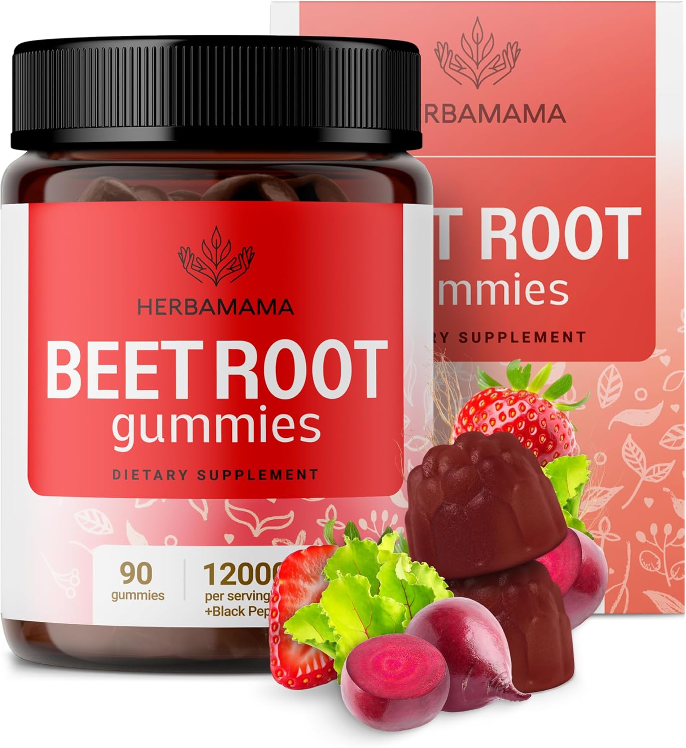 HERBAMAMA Beet Root Gummies - 12000mg Red Beets with Black Pepper Extract for Overall Support - Vegan, Non-GMO Antioxidant Supplement - 90 Pectin-Based Strawberry-Flavored Chews