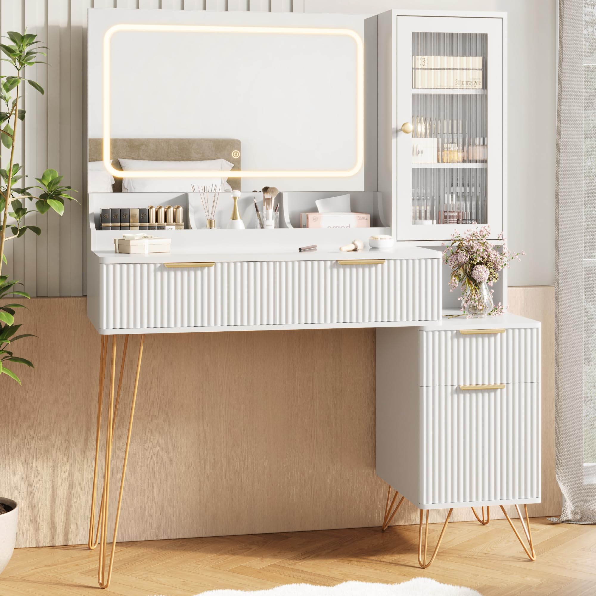 dressing table mirror glass design FUFU&GAGA White Makeup Vanity Desk 9-Drawers Wood Dressing Table with Big Lighted Mirror, Glass Top, Crystal Handles