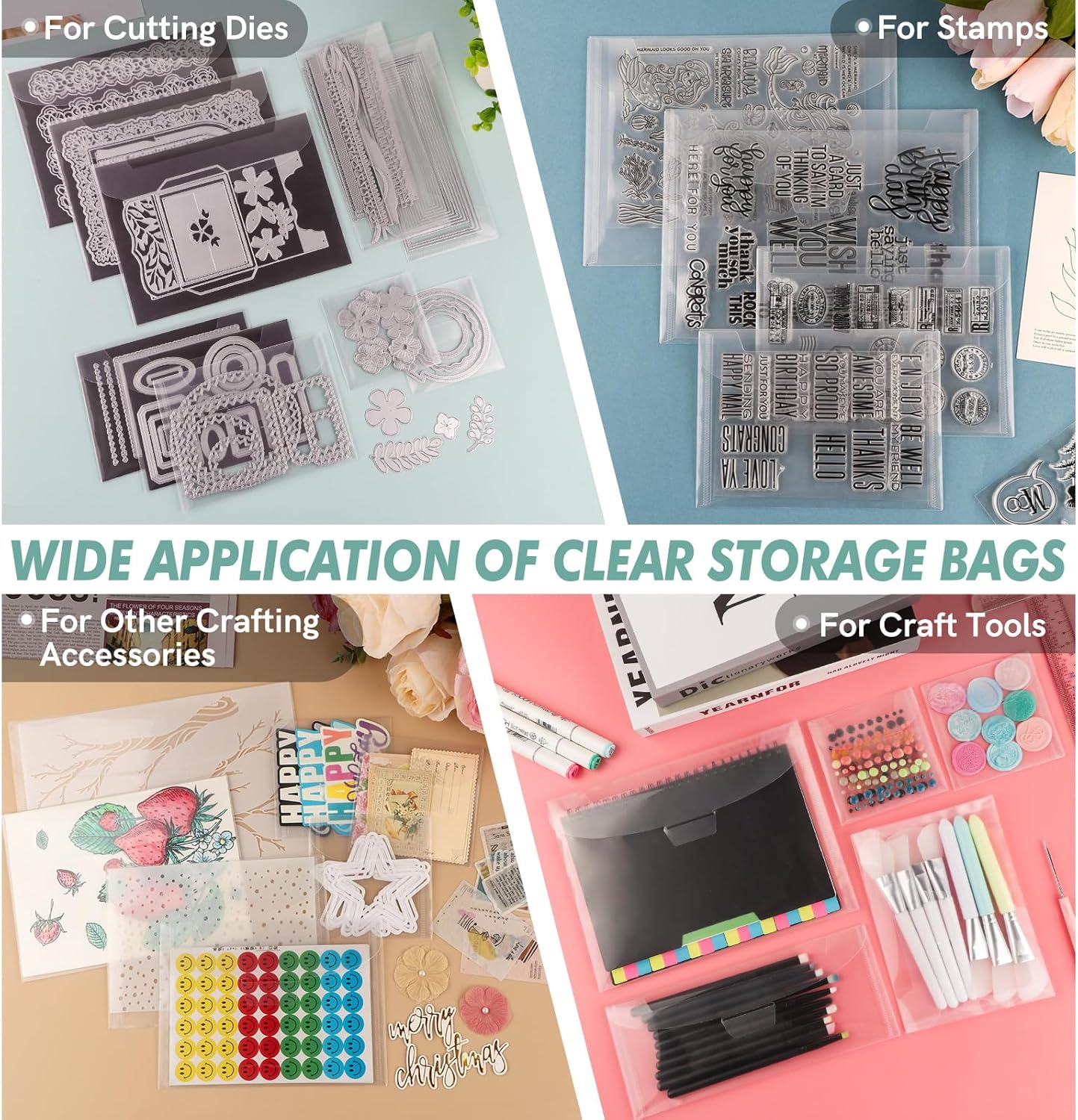 60 PCS Large Stamp and Die Storage Bag with Rubber Magnetic Sheets,0.5mm Thickeness Magnetic Sheets for Craft Storage,9.4x7inch Clear Craft Die Storage Envelopes Arts Crafts Scrapbooking Supplies
