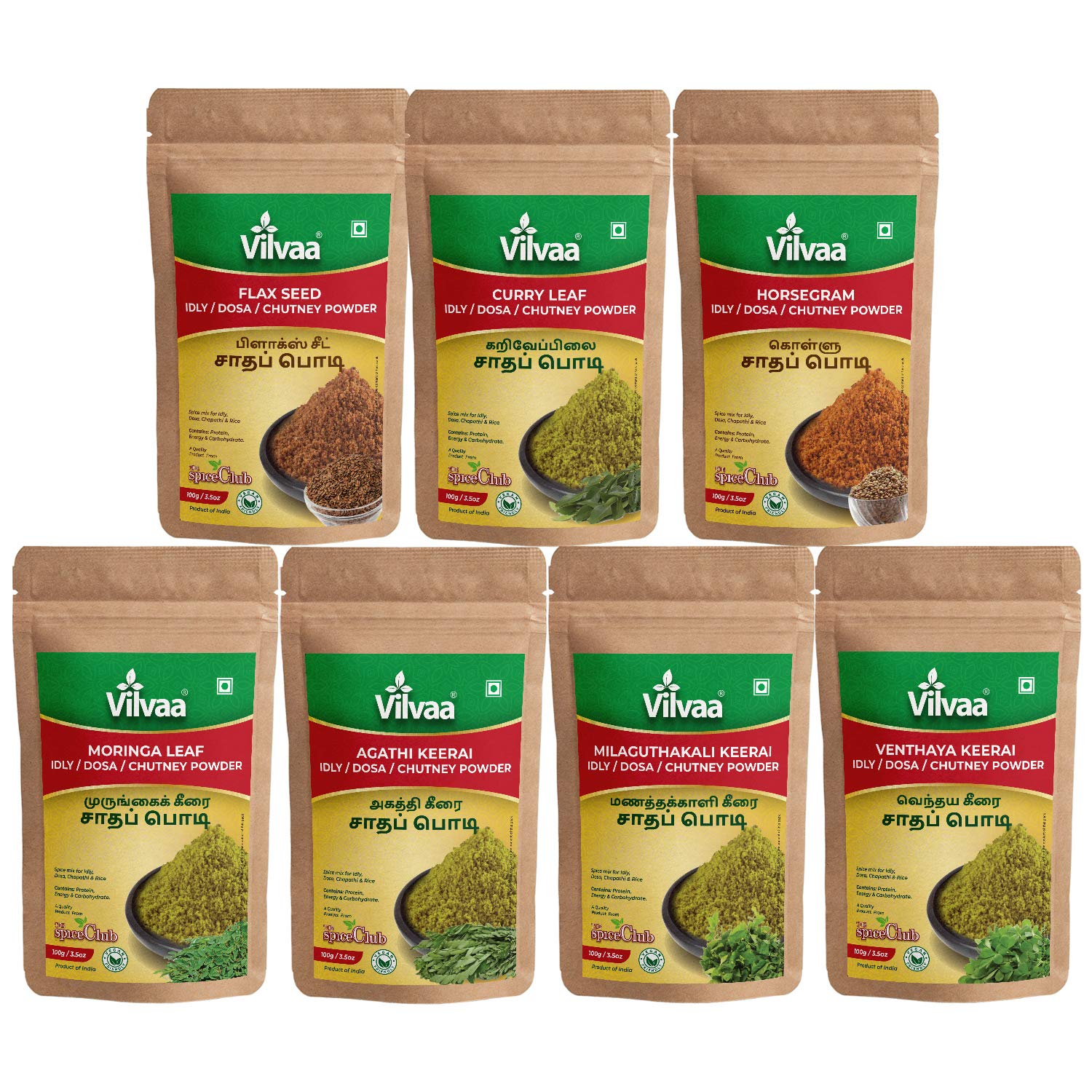 Vilvaa Chutney Powders Value Pack of Flaxseed, Horsegram, Moringa Leaf, Curry Leaf, Venthaya Keerai, Agathi Keerai, Milaguthakali Keerai - Each 100g (Net 700g) (B08G4F2Q7B) Amazon Price History, Amazon Price Tracker