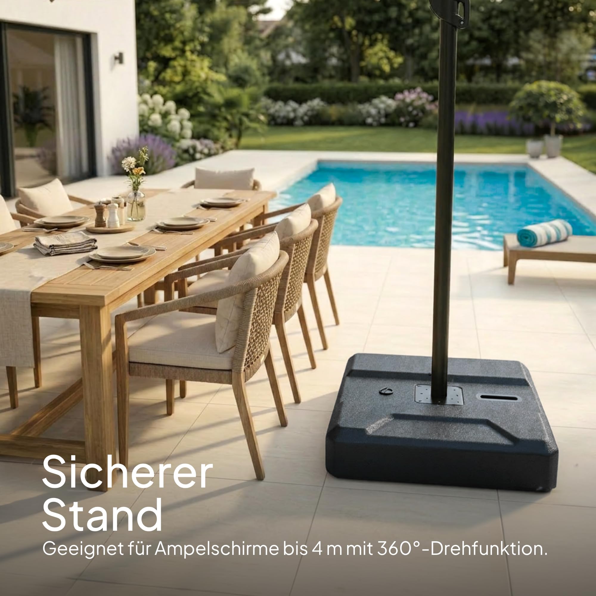 UNIGARDIA befüllbarer Sonnenschirmständer mit Rollen, befüllt bis 160 kg | Rollbarer Schirmständer bis für große Sonnenschirme, mit praktischem Zuggriff, windstabiles Design, 90 x 90 x 20 cm