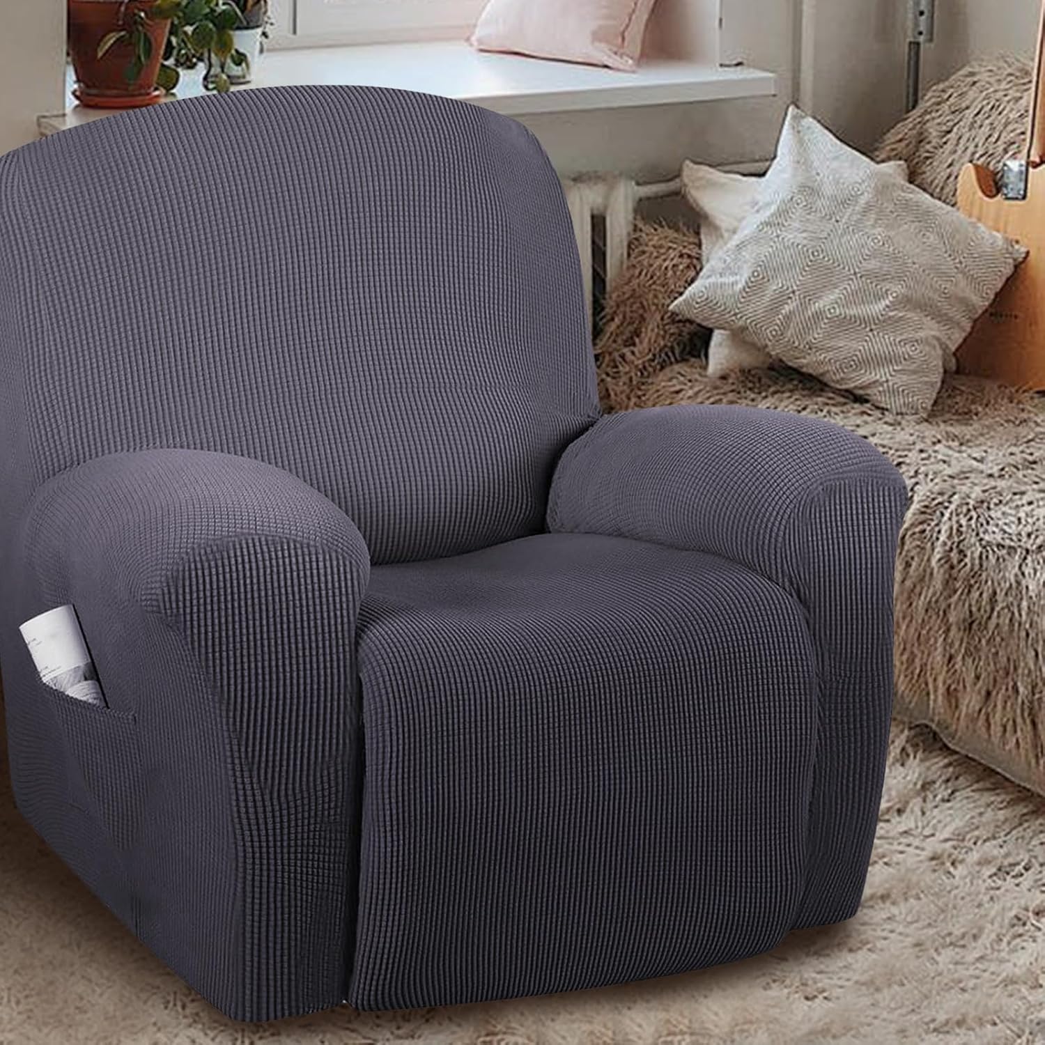 Recliner Chair Cover Slipcover, Fleece Stretch Fabric, Thick Full Wrap Recliner Sofa Protector, Soft Gray Single Piece for Living Room Lounge