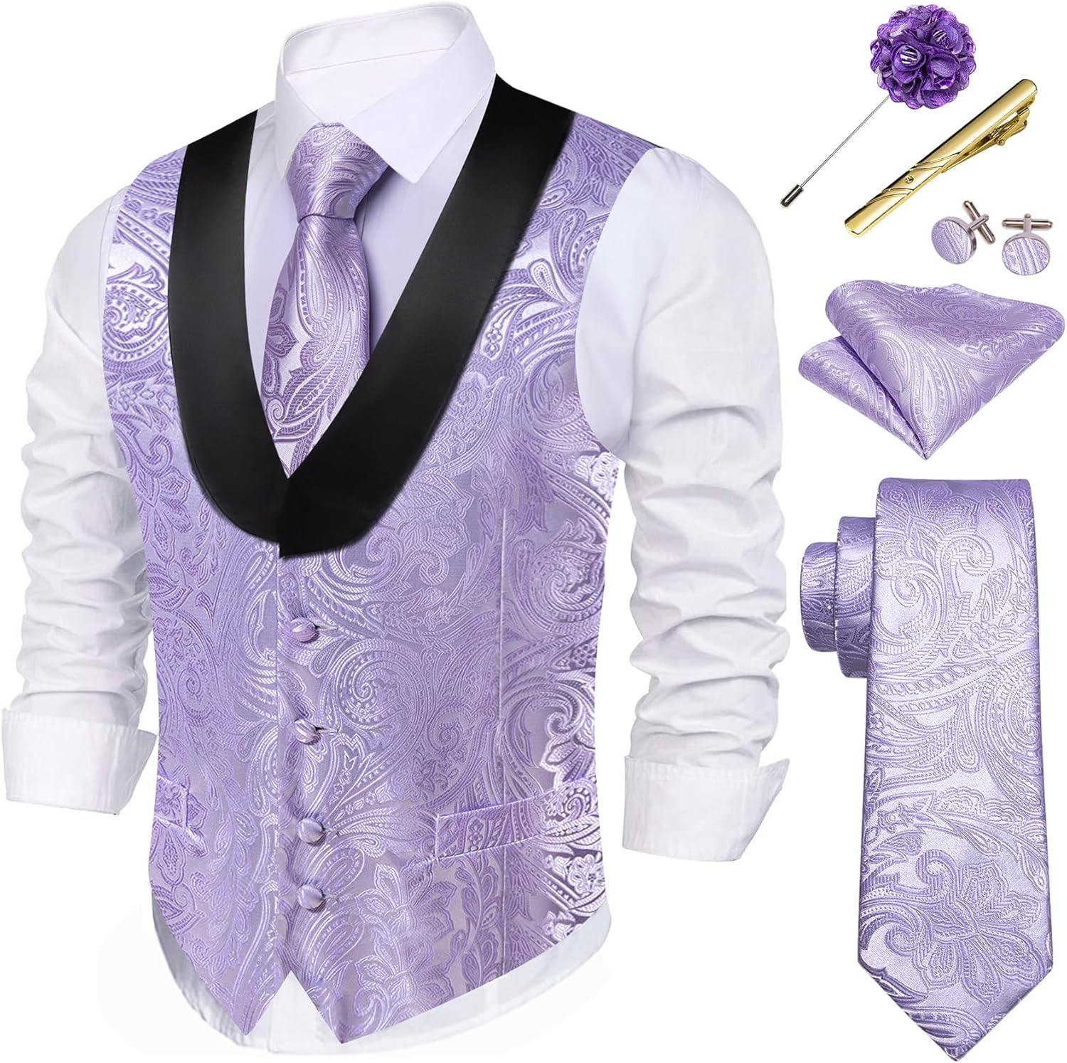 Barry.Wang Mens Paisley Vest Tie Set Silk Jacquard Flower Shawl Collar Suit Waistcoat Tuxedo 6PC Wedding Party