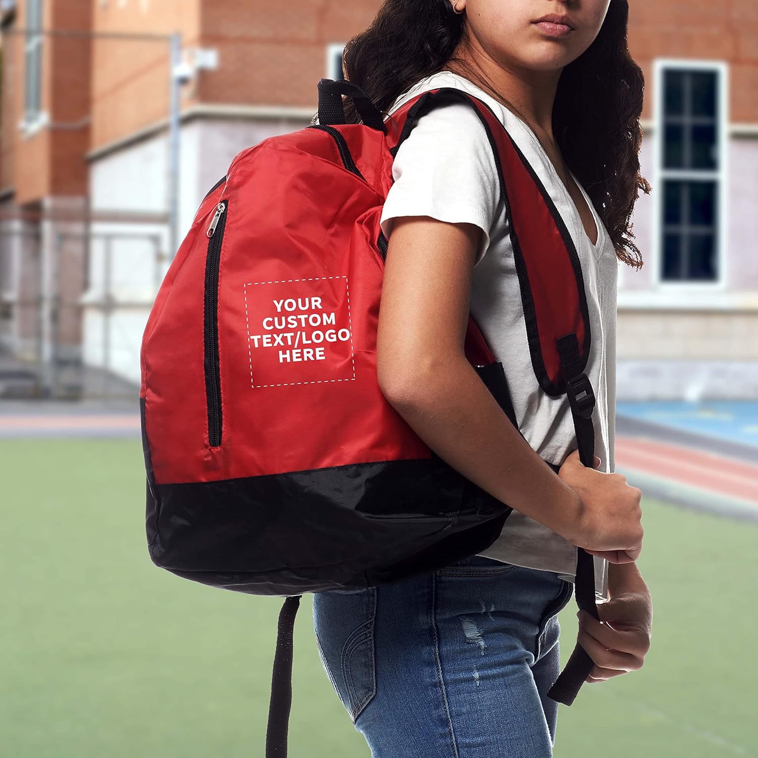 DISCOUNT PROMOS 6 Quick Zip Backpacks Set - Customizable Text, Logo - Polyester, Unique features, Front Pocket, Vibrant - Red