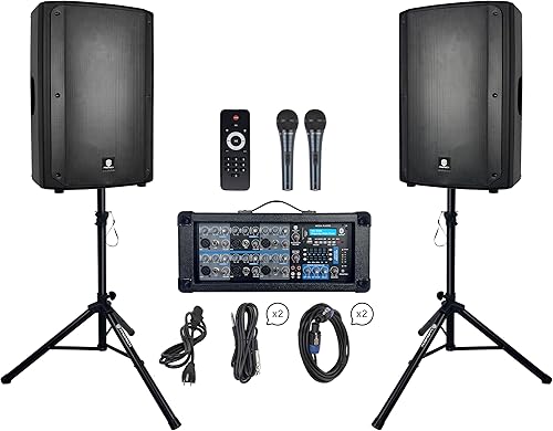 PRORECK Delta 156 Sistema de altavoces PA Bluetooth de 2000 W con mezclador alimentado por 6 canales, 2 altavoces pasivos de 15 pulgadas, soportes,