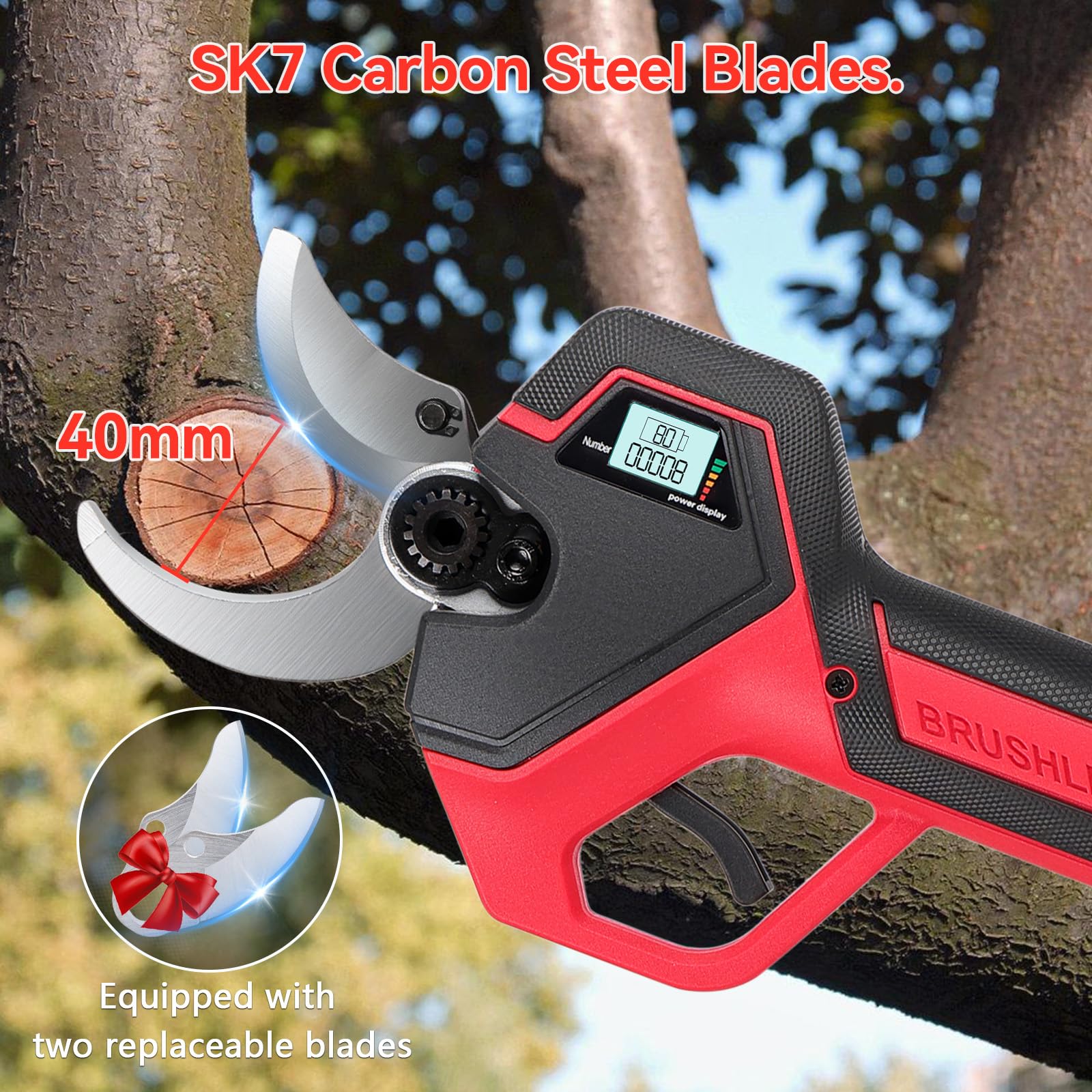 40mm Forbici Potatura a Batteria: Forbice potatura a batteria con 2 Batterie 2000mAh 21V, con Lame in Acciaio SK7 e Display LED, Cesoie a Batteria per Potatura per Potatura Giardino, Olivo, Ulivo