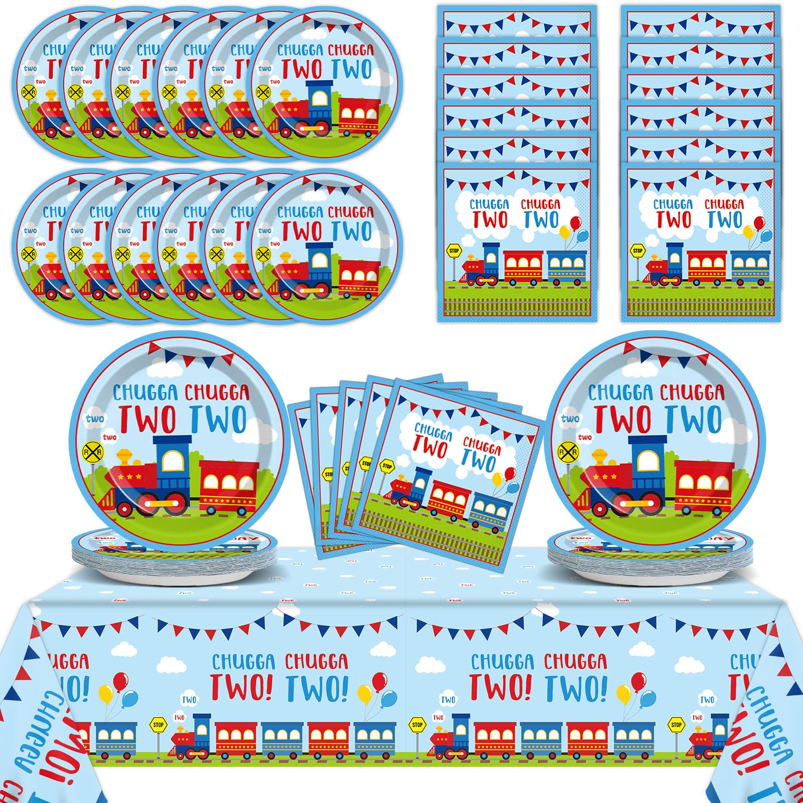 Qyeahkj 24 Guests Chugga Chugga Two Two Birthday Party Paper Plates Napkins Tablecloth Supplies Set Train 2nd Disposable Tableware Dinnerware Decorations Favors for Boys Girls Birthday Party
