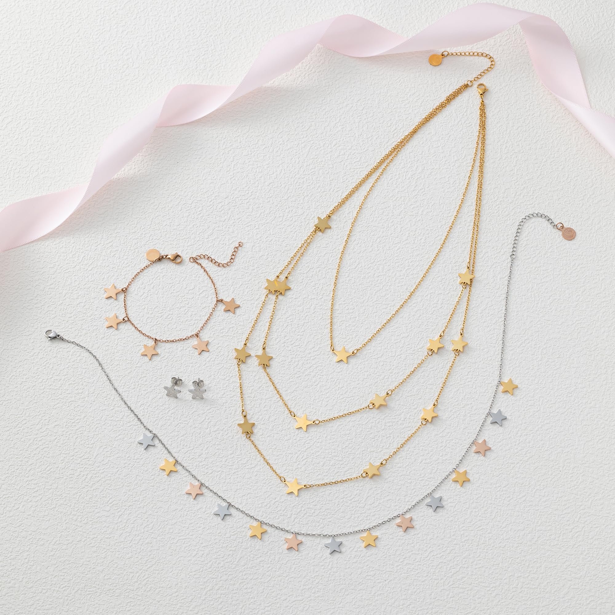inSCINTILLE Collana Donna Stelle e Cuori in Acciaio Inossidabile, Collana Multicollana 1/2/3 Fili, Lunghezza Regolabile, Idea Regalo con Confezione