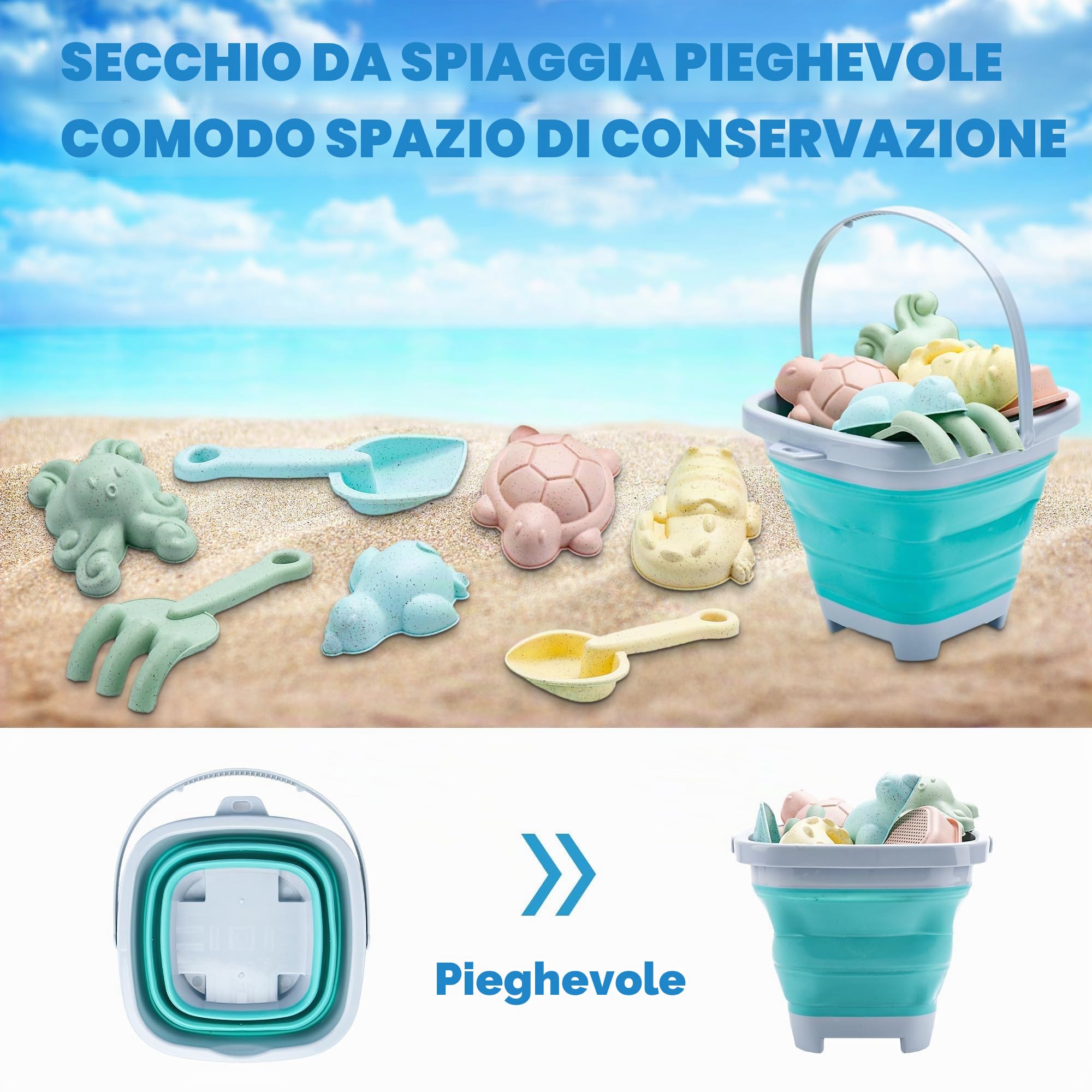 12 pezzi di sabbia con secchio pieghevole, pala, pirottini, bollitore, borsa in rete, giocattolo da spiaggia, giocattolo da giardino per bambini, ragazze, ragazzi