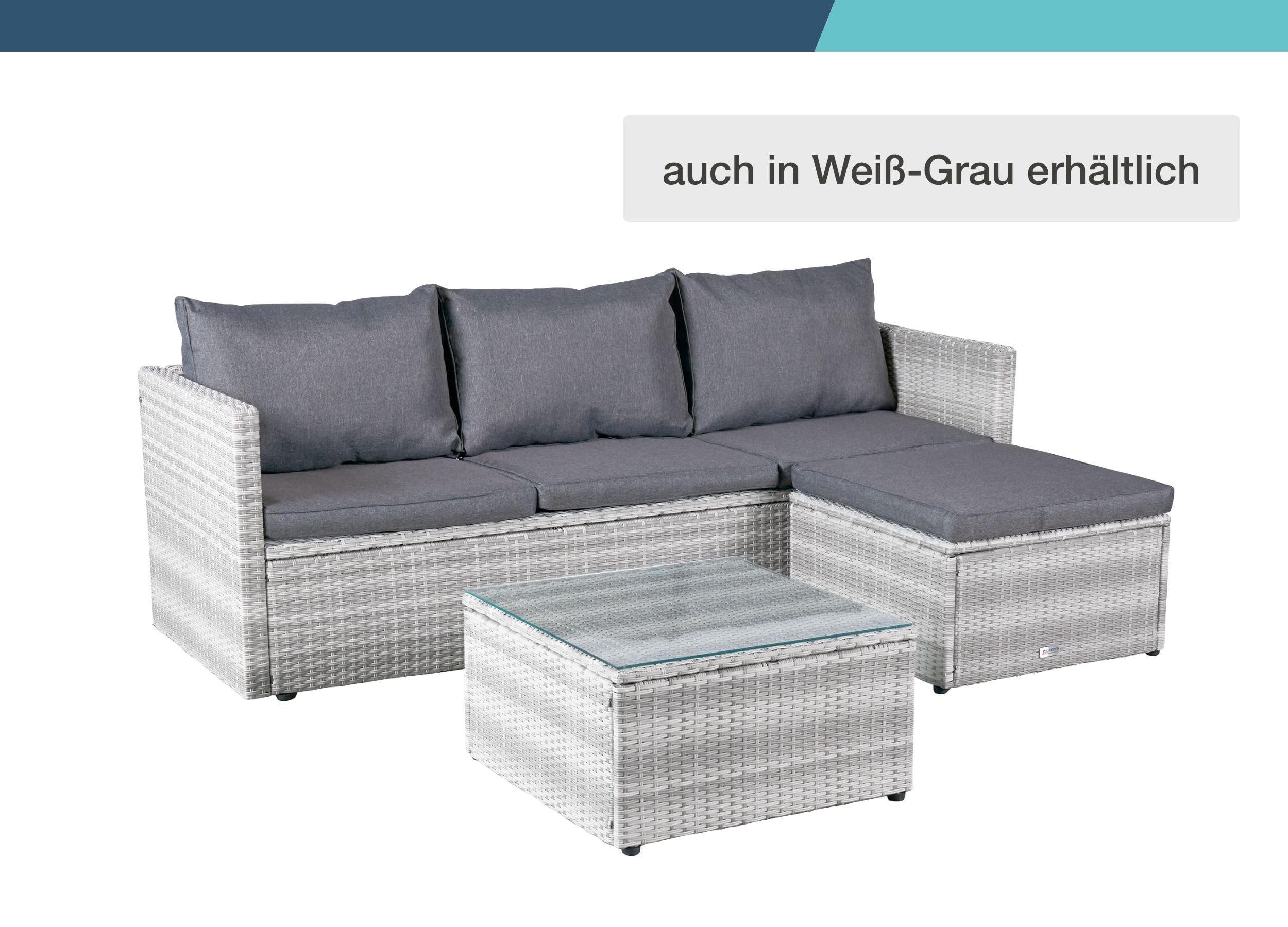 LC Garden Loungino Polyrattan Lounge grau-Mix für 3-4 Personen, Balkonmöbel Sitzgruppe mit Tisch + Hocker, Gartenlounge, Ecksofa für Balkon + Terrasse