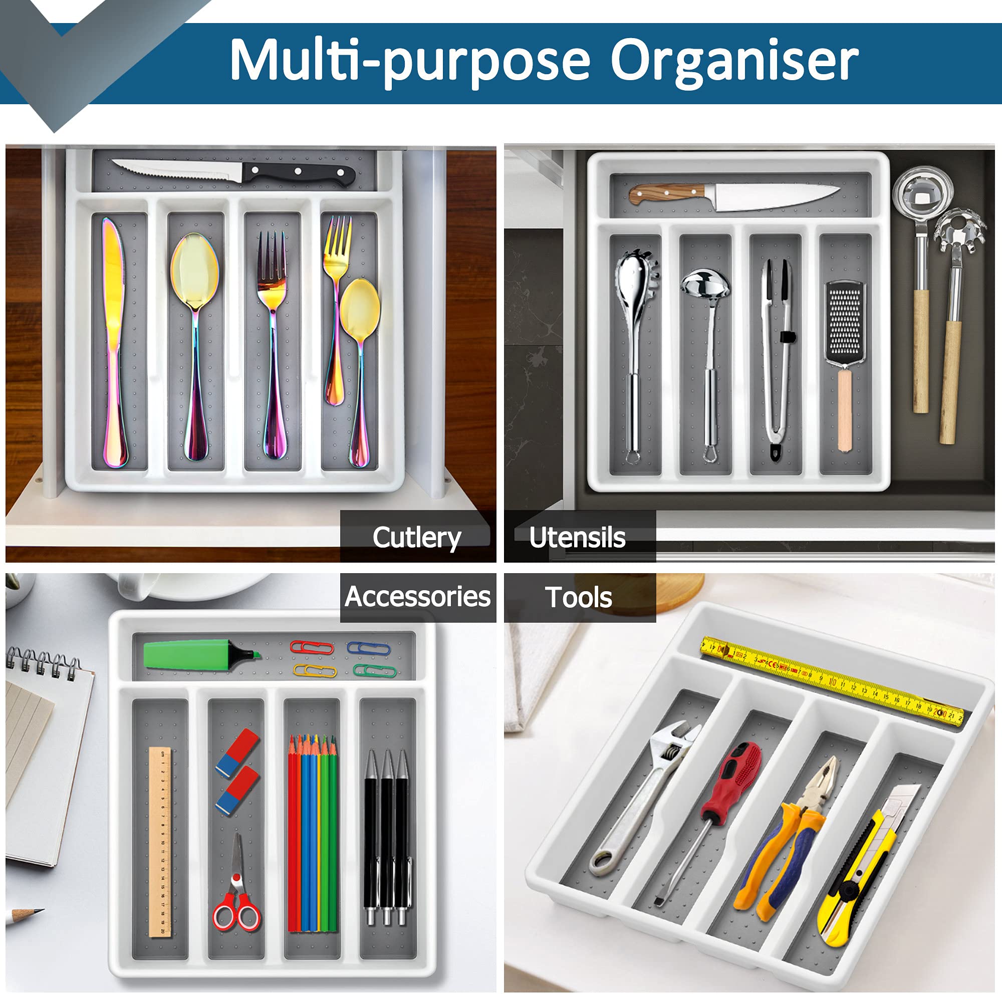 ALUSFERA Portaposate per Cassetti 90 cm – Organizzatore per Cassetti con Scomparti Regolabili – Vassoio Portaposate per Cucina – Regolabile e Facile da Pulire - 830x490mm Bianco