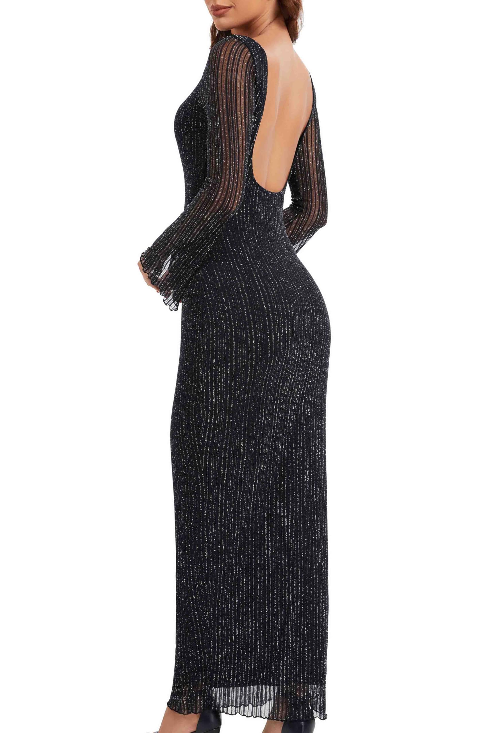 Womens Sequin Mesh Long Sleeve Sexy Backless Bodycon Cocktail Maxi Dress