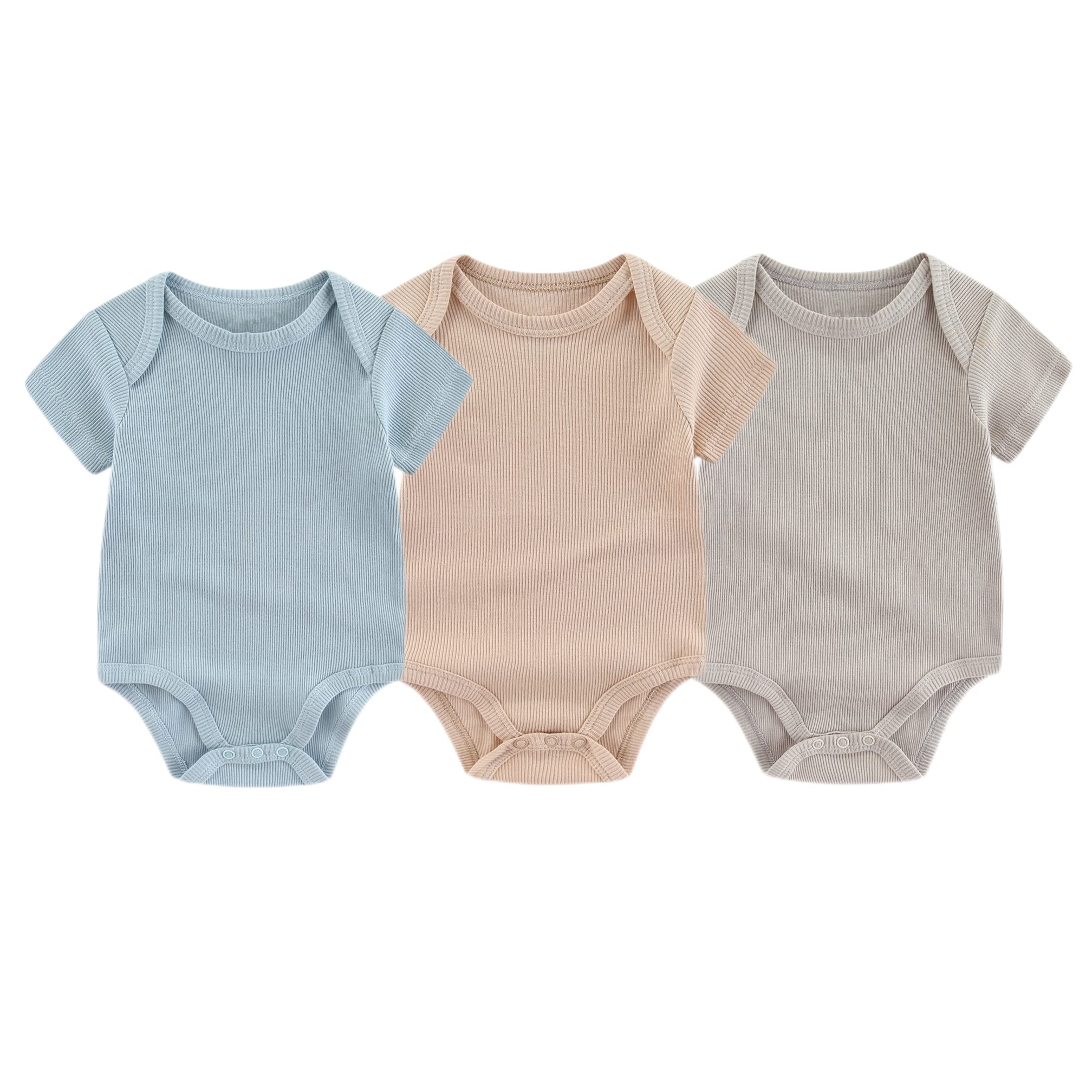 Chamie Newborn Boy Girl Bodysuit Infant Short Sleeve Jumpsuit Solid Ribbed Romper Outfits
