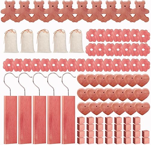 Langxinese Paquete de 32 perchas de cedro (12) + corazones de cedro (20), colgantes de cedro, bloques de cedro para almacenamiento de ropa, cedro