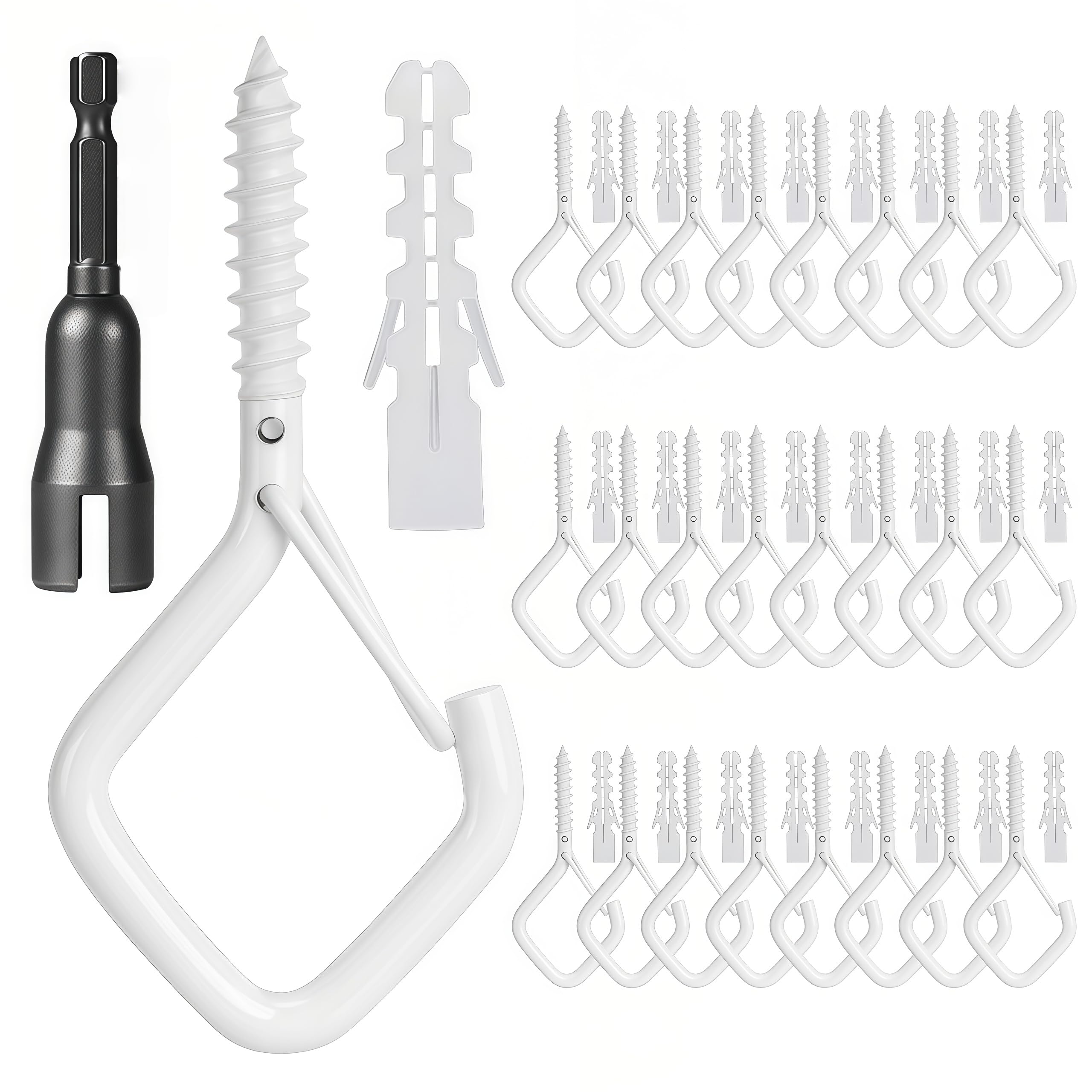 Mostantu 25 Pack Q-Hanger Hooks with Safety Buckle, 25Pcs Windproof Diamond-Shaped Screw Hooks and 25Pcs Plastic Anchor and Wing Nut Driver for Hanging Christmas String Lights, Plants (Black) (White)