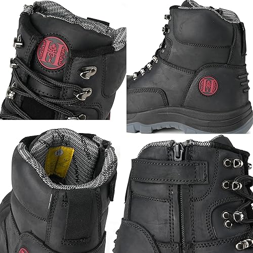 Miniatura 4 de Botas de trabajo para hombre, puntera compuesta, cremallera YKK, 6 pulgadas, antideslizantes, de seguridad, de cuero de caballo loco, disipación