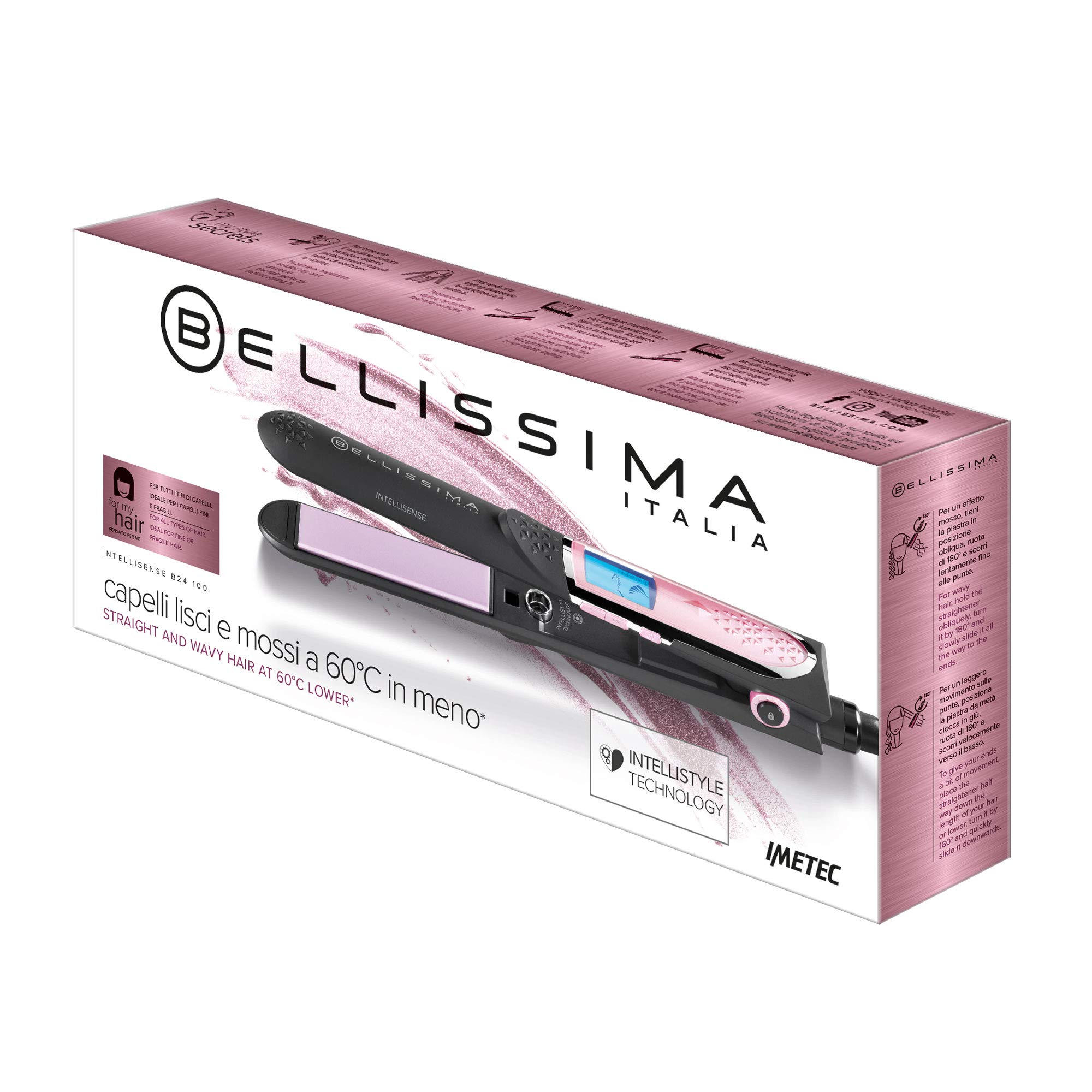 Bellissima Imetec Intellisense B24 100, Plancha de pelo para cabello liso y ondulado a 60° C menos con tecnología Intellistyle, revestimiento cerámico, 5 niveles de temperatura