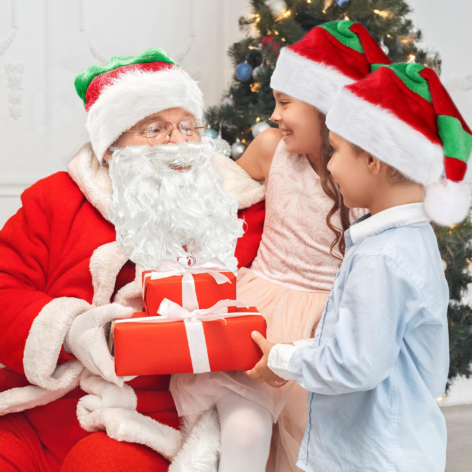 TUONYIS 2 Pieces Santa Costume,Red and Green Striped Christmas Hat Santa Beard,Christmas Decorations Xmas Hat,Santa Hat Santa Mask for Children Adults Christmas Party New Year Festive Party (2 PCS) - Image 4