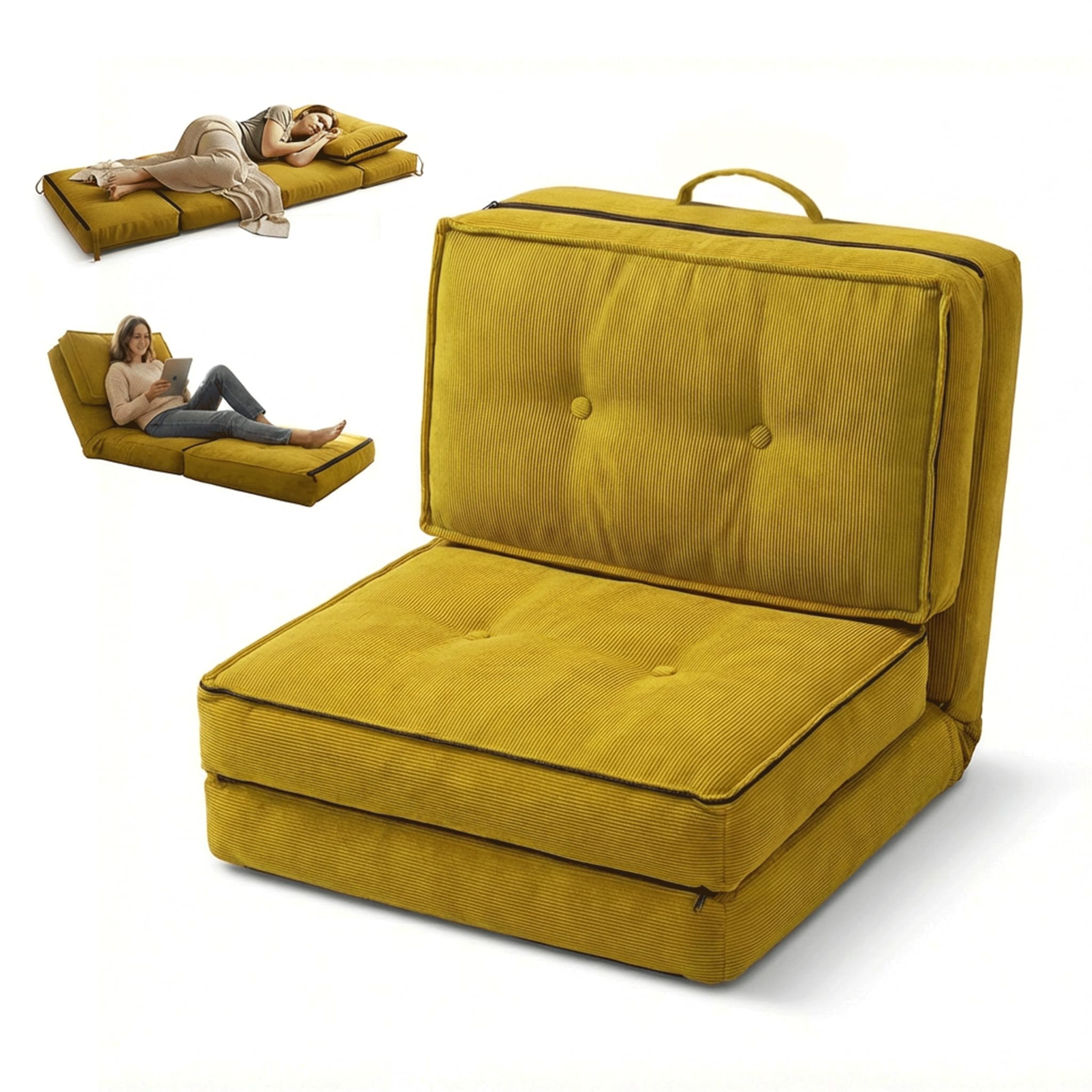 Fabulcozy Poltrona Letto 4-in-1, Schienale Regolabile 5 Posizioni in Velluto a Coste, Struttura in Ferro, Maniglia e Cinghie, Poltrona Multiuso per Soggiorno, Ufficio,Giallo