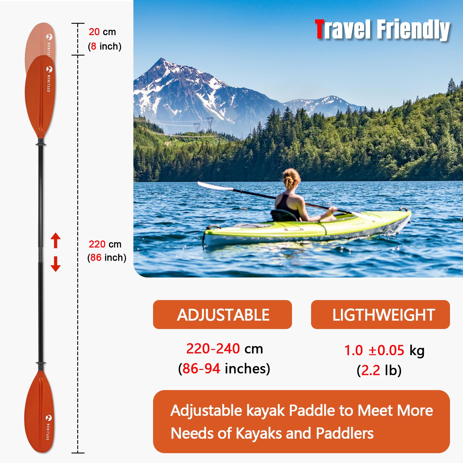 Palas de Kayak con Eje de Fibra de Vidrio y Hoja de Polipropileno Reforzada, remos flotantes Ajustables para Kayak, 3 Piezas, 220-240 cm, 240-260 cm