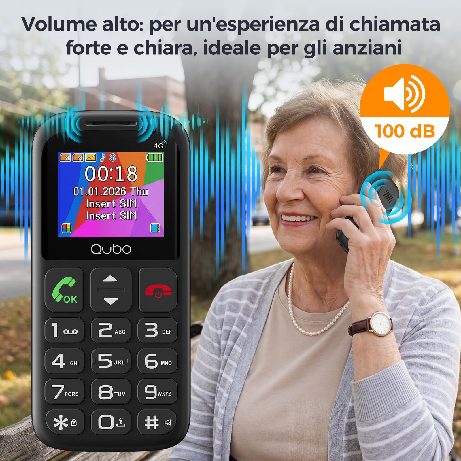 Qubo 4G Cellulare per Anziani 4G | Tasto SOS e Caricabatterie | Grandi Tasti e Schermo 1,77" | Torcia | Dual SIM | Compatibile con Tutte le Reti | Telefono Semplice