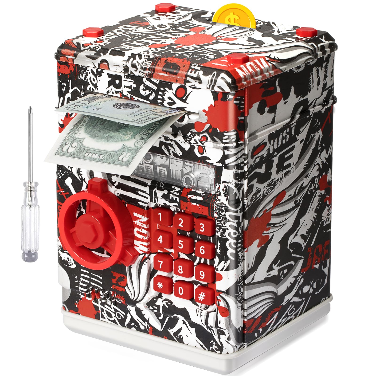 ATM Piggy Bank for Boys Girls, Vcertcpl Mini ATM Coin Bank Money Saving Box with Password, Kids Safe Money Jar for Adults with Auto Grab Bill Slot, Great Gift Toy Bank for Kids (Large, TY-RedBlack)