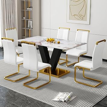 Glass Dining Table for 6-8,Modern Dining Room Table with 0.4'' Thick Tempered Glass Table Top and Stainless Steel Base,Gold Kitchen Table Ideal for Living Room Home Office