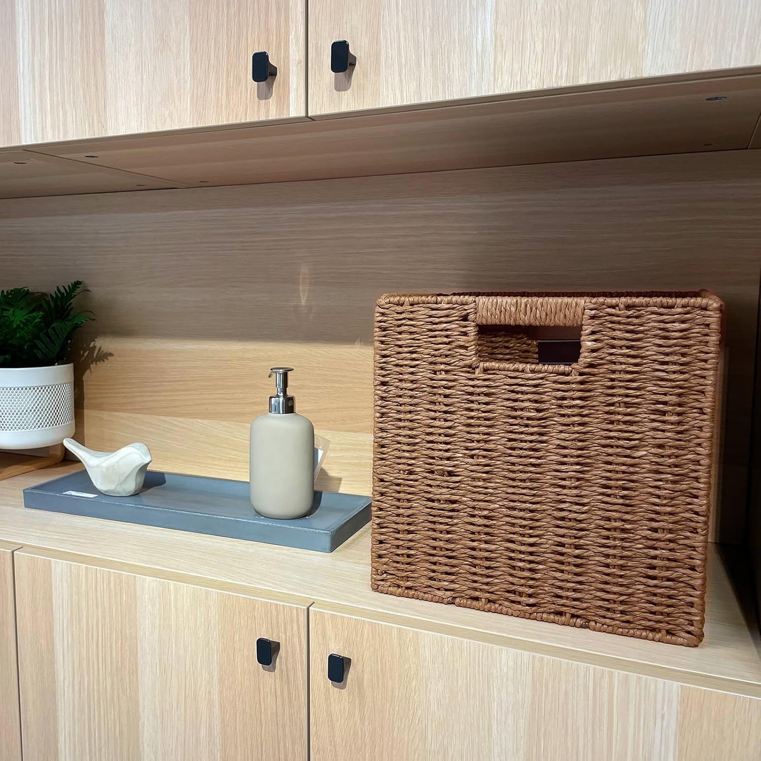 2 Cestas de Almacenaje, Cesta Mimbre Tejidas a Mano Cubo 28CM, Cesta Grande Plegable de Papel de Jacinto de Agua con Asas, Cesto Decorativo para Baño Estanterías Kallax Cocina Marrón