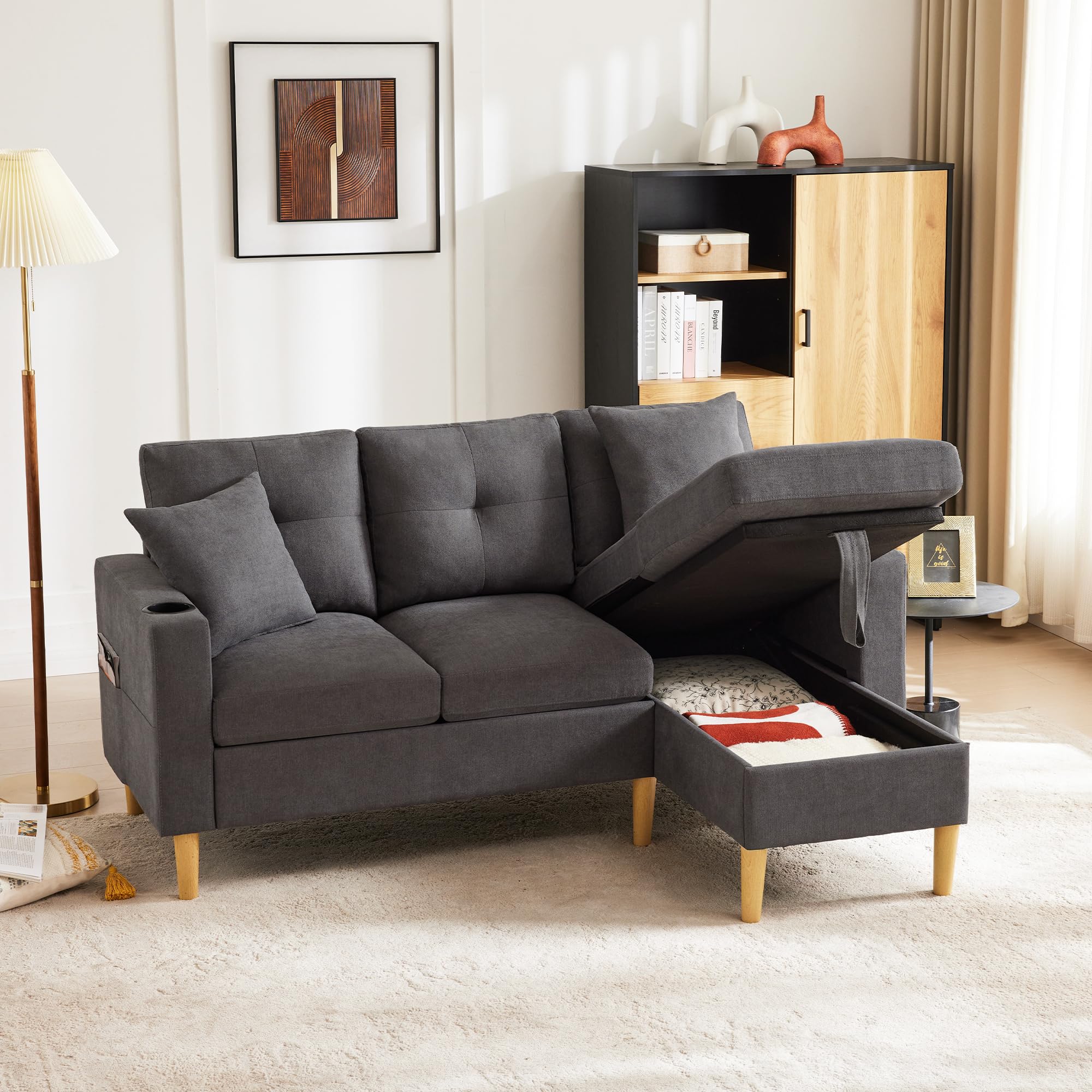 Bladez Sofá esquinero de 3 plazas en forma de L con espacio de almacenamiento y soporte para bebidas, sofá reversible con 2 cojines, sofá de lino de algodón para salón, oficina y apartamento (gris