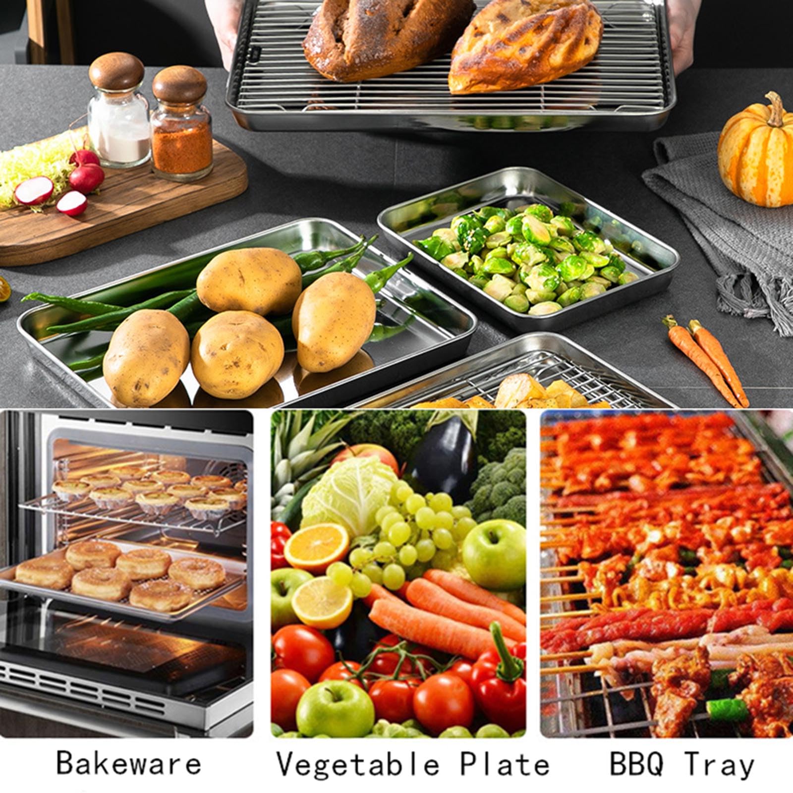 Hoja para Hornear de Acero Inoxidable, tostadora, Galleta con Rejilla para Enfriar, Rejilla Superior para Parrilla, Bandeja para Barbacoa para cocinar/Hornear/Enfriar,50cm*35cm
