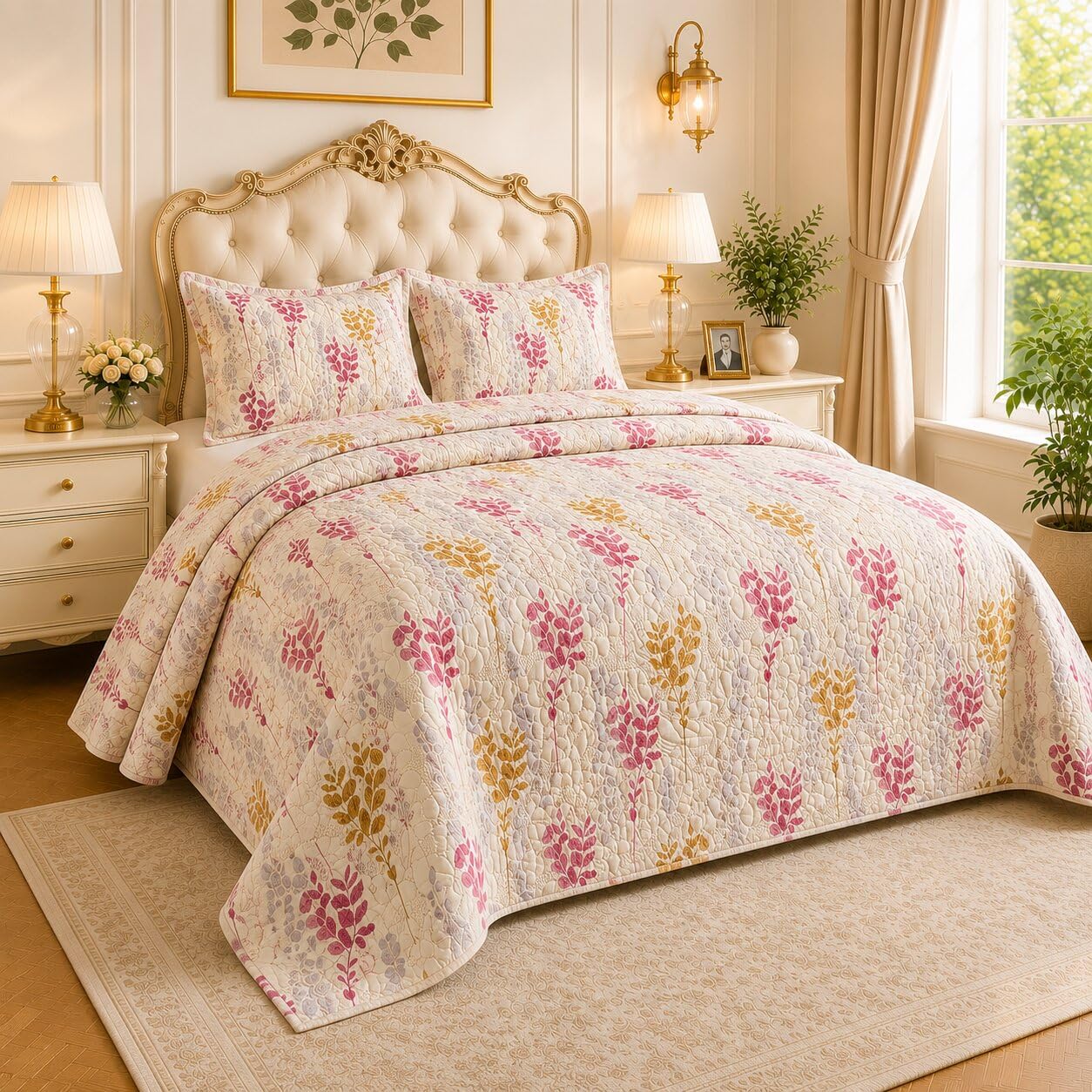 Quilted Bed Cover King Size 260 TC Microfiber Bedsheet with 2 Pillow Covers 220 x 240 cm Reversible Ultrasonic Floral Printed All Season Bedding Set Perfect for Festive and Gifting | Cosmic-image-41