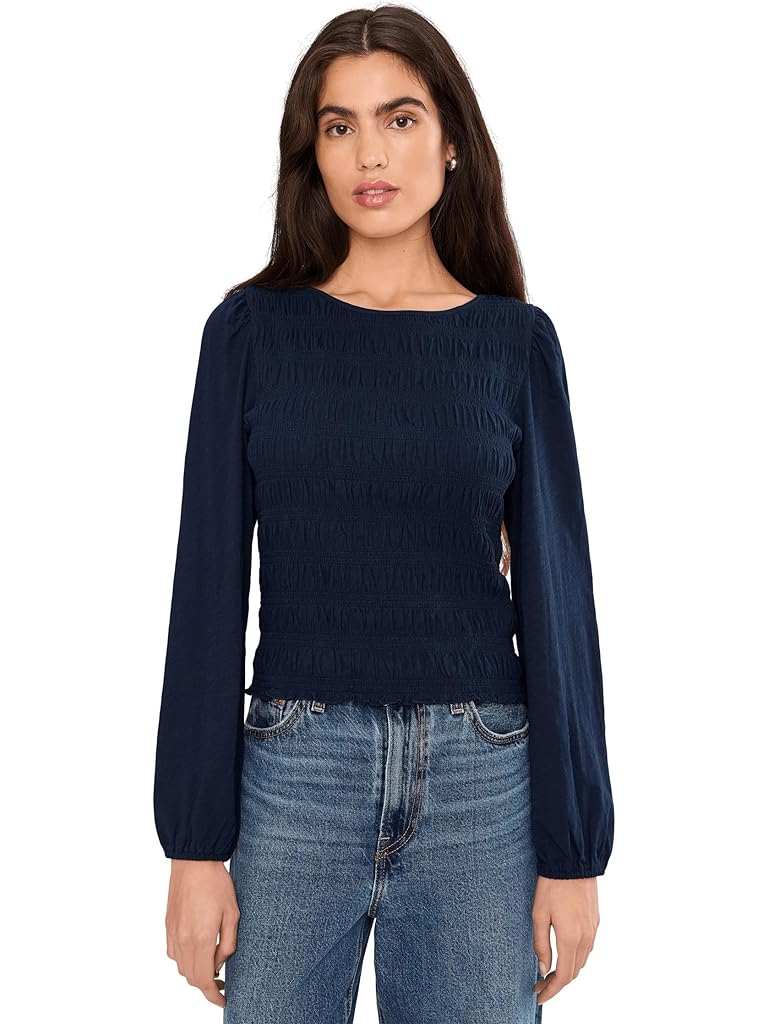 Navy Madewell Bonytail Elbow Sleeve Smocked Top
