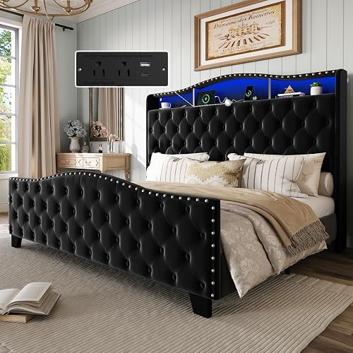Belffin King Size Platform Bed Frame with 50.9" LED Headboard, Black | Velvet Upholstered Low-profile Bed, Handmade Tufting, Nailhead Wingback, Tall Footboard, Storage with Charger, Noise-Free