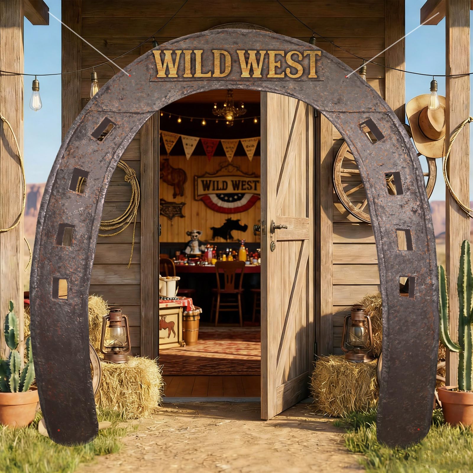 Preboun 74.8 x 78.74 Inches West Cowboy Party Door Decoration Wild West Horseshoe Door Curtain Banner Decoration Western Themed Saloon Banner Hanging Supplies for Western Rustic Bar Photo Props