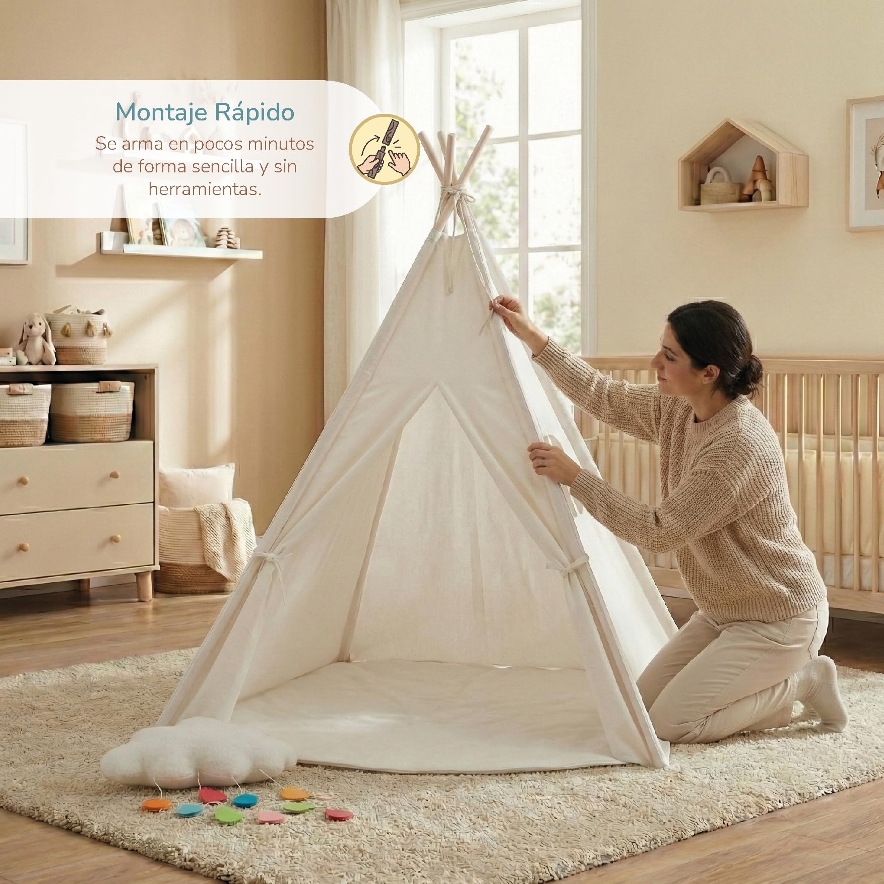 Buddy Baby Tipi Kindertent met sterrenlichten en pluche, wolkvorm, inclusief gevoerde vloermat, speelhuis voor binnen en buiten, voor peuters