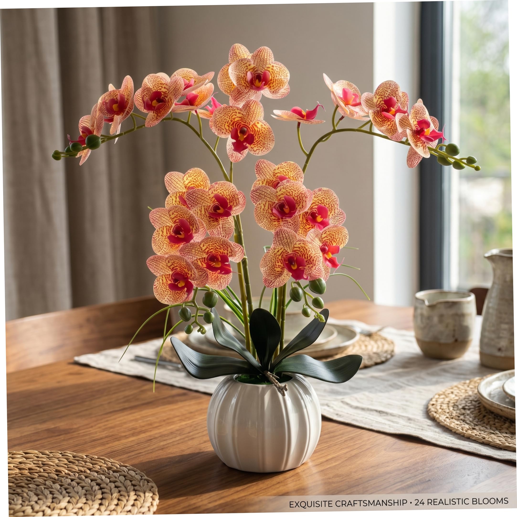 Latemeia Orchids Artificial Flowers, 24-bloom Artificial Orchid In Pot, Faux Orchid Plant For Home Decor Orange, In Pot