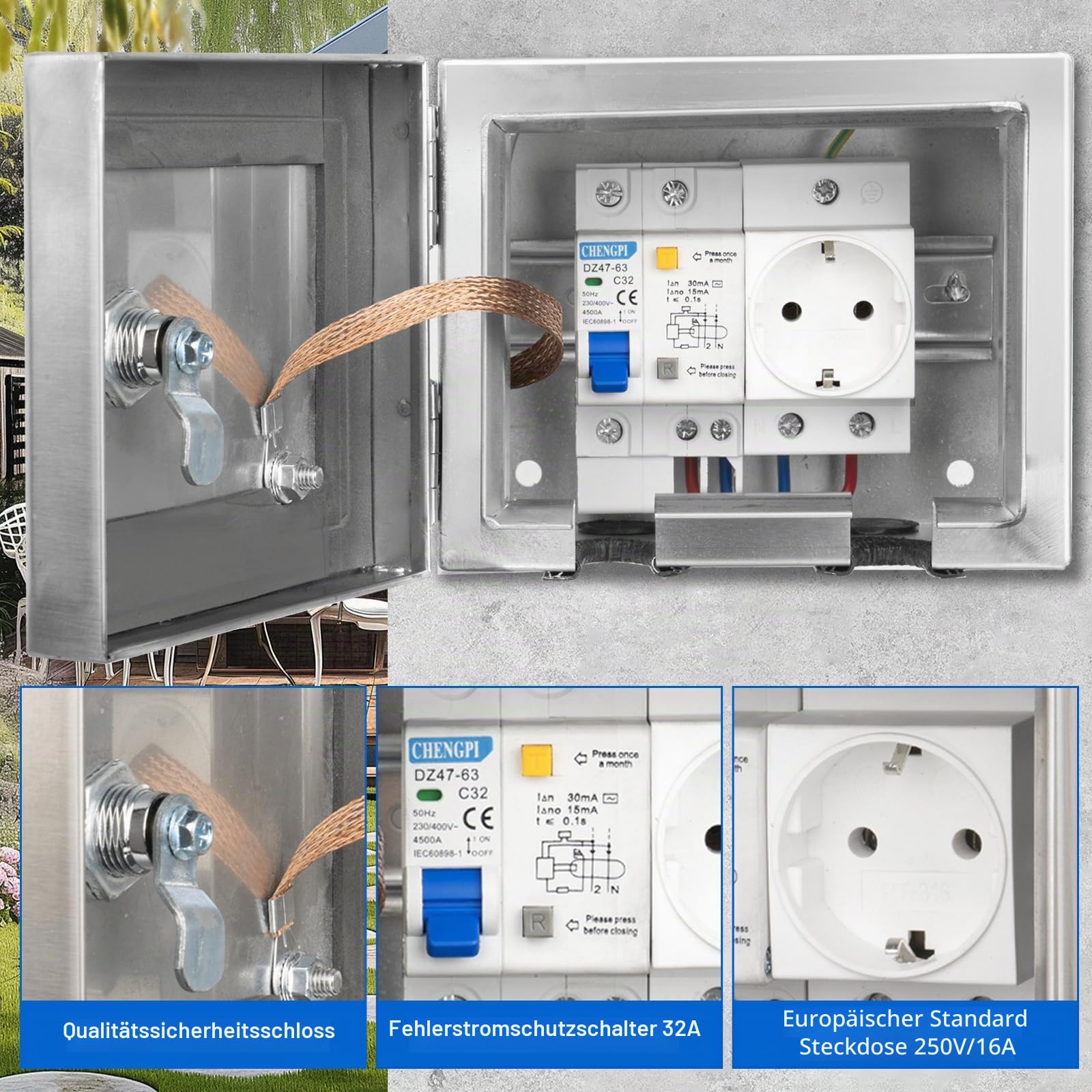 Edelstahl 304 Schaltschrank Verteilerkästen mit 1 * 2P Leckschalter 32A und Europäische Steckdose 250V/16A,Wandmontiert Gehäuse für den Außen-/Innenbereich mit Schloss