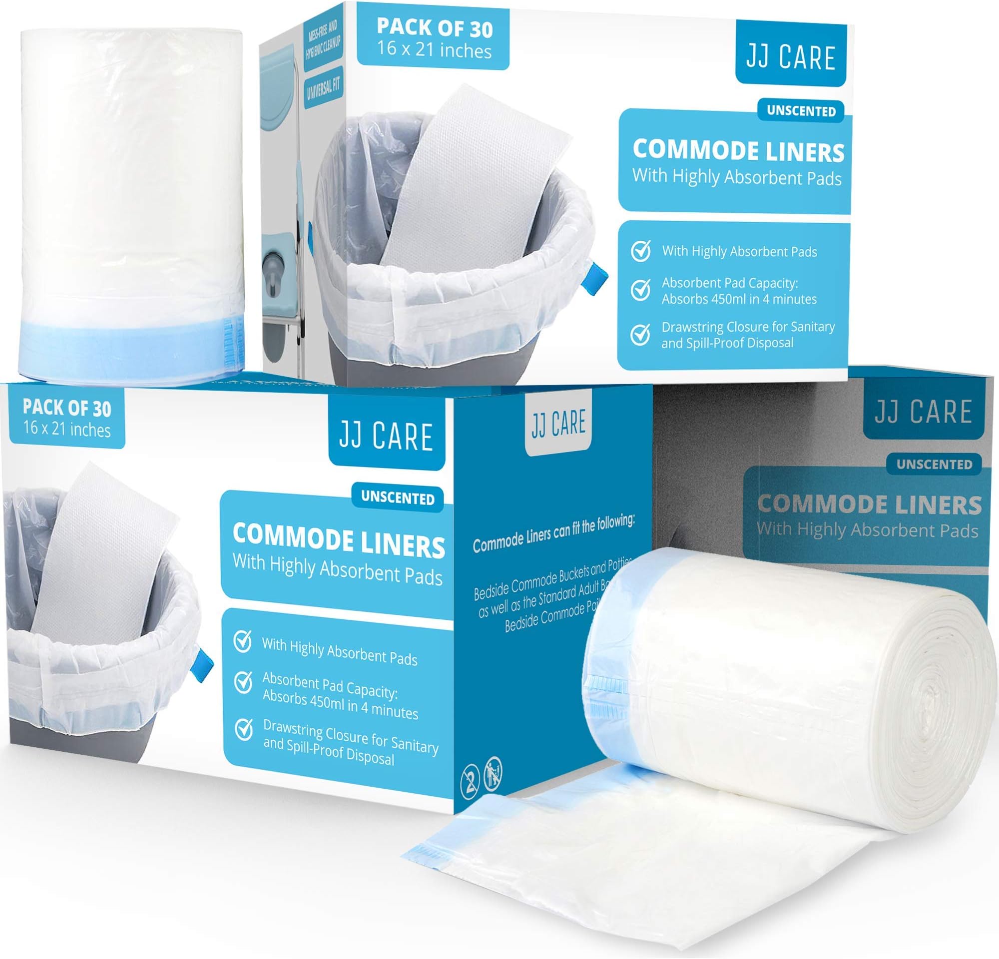 JJ CARE Bedside Commode Liners with Absorbent Pads - Pack of 90 Commode Poop Bags Liners 16"x21" Adults' Portable Bed Pan Toilet Chair, Disposable Toilet Bags for Bedside