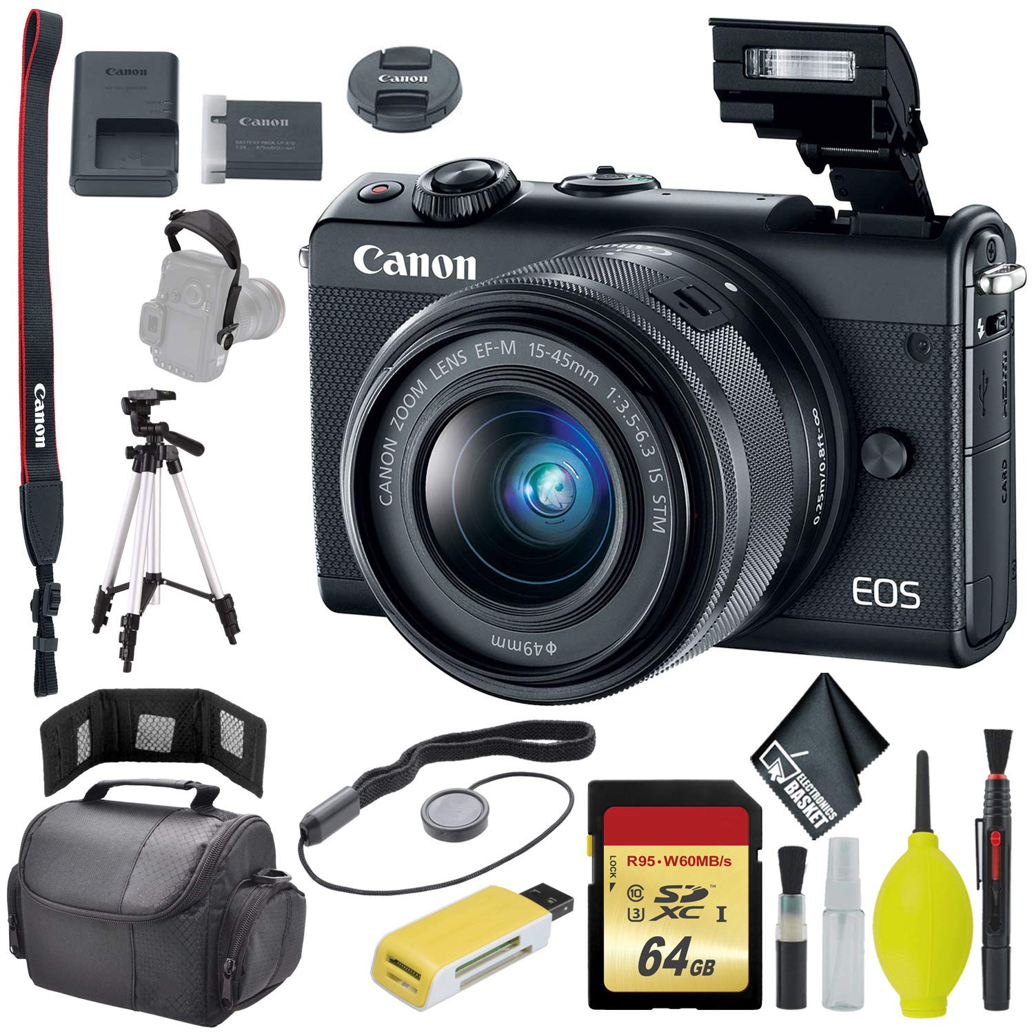 Canon EOS M100 Mirrorless Digi Camera w/ 15-45mm Len Card Reader Strap  Case 64GB 72