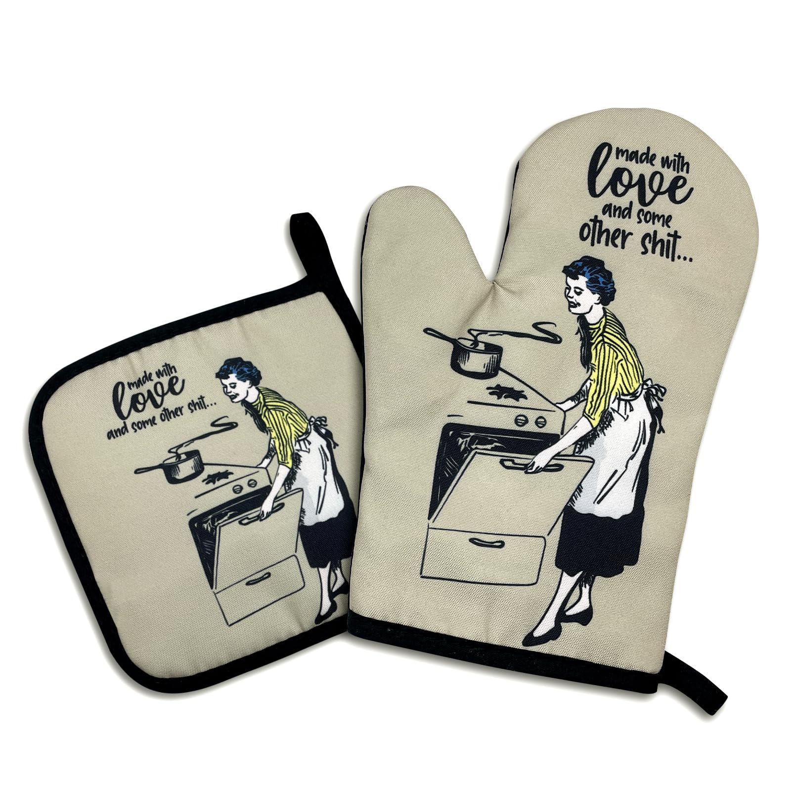 Made With Love and Some Other Sxxt... Funny Oven Mitts and Pot Holders Set of 2, Silicone Non-Slip Kitchen Gift for Women, Cooking Baking BBQ, Housewarming