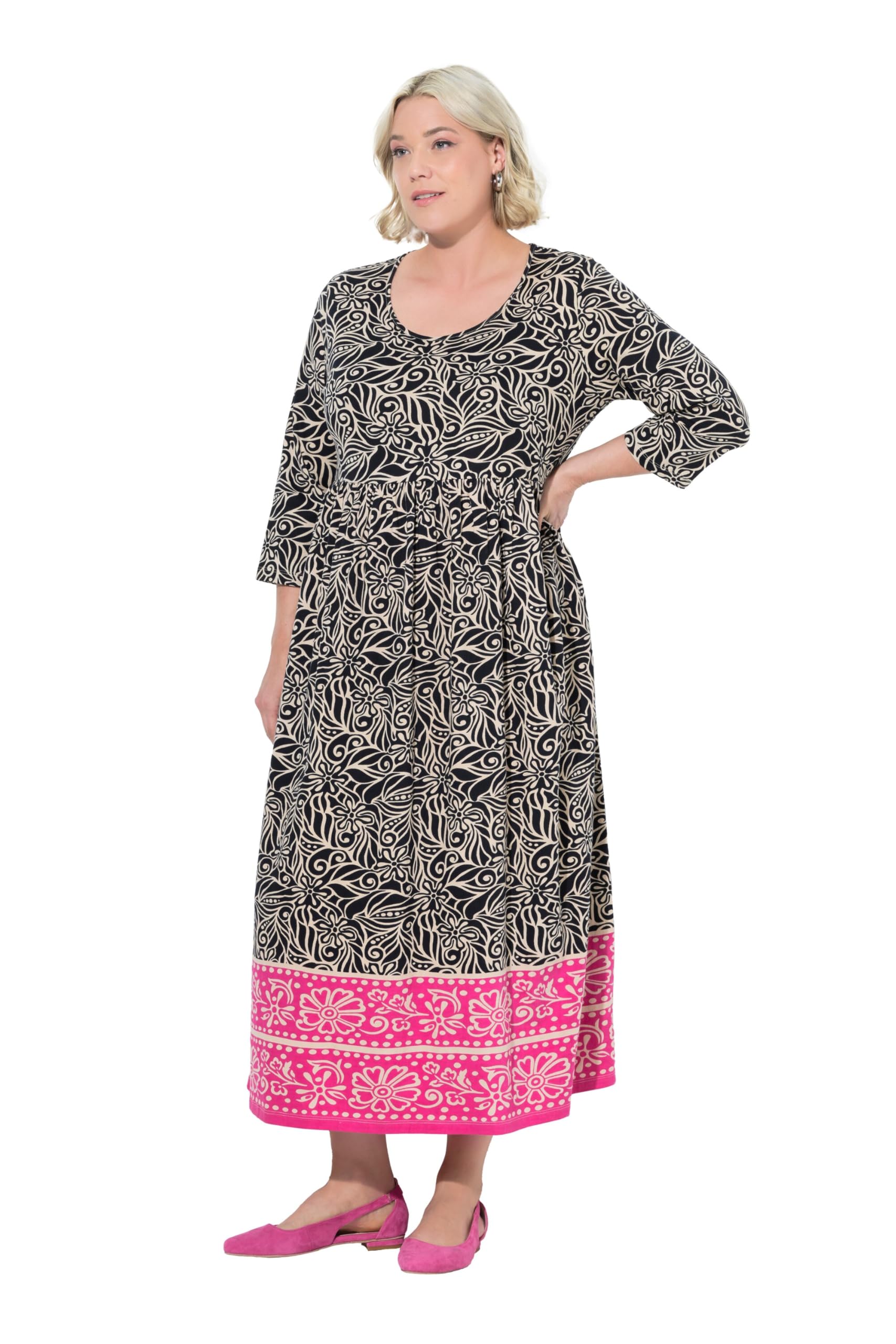 Ulla Popken Damen große Größen Übergrößen Plus Size Jerseykleid, A-Linie, Rundhals, 3/4-Arm, Taschen 842477