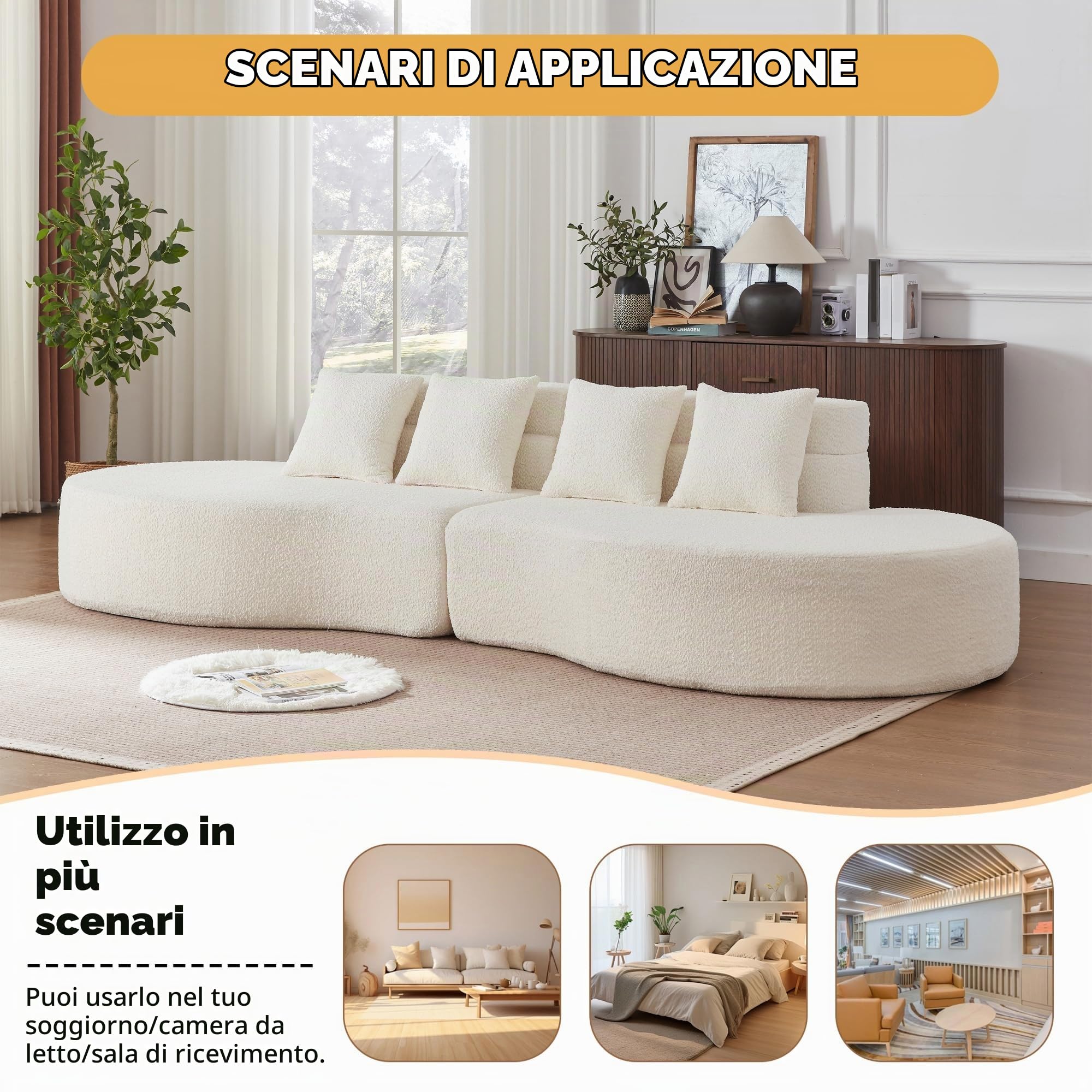 Divano modulare in schiuma, divano componibile senza struttura a 2 pezzi, 100% schiuma memory ad alta densità, rivestimento in velluto sfoderabile e lavabile, divano in stile moderno. (Beige)