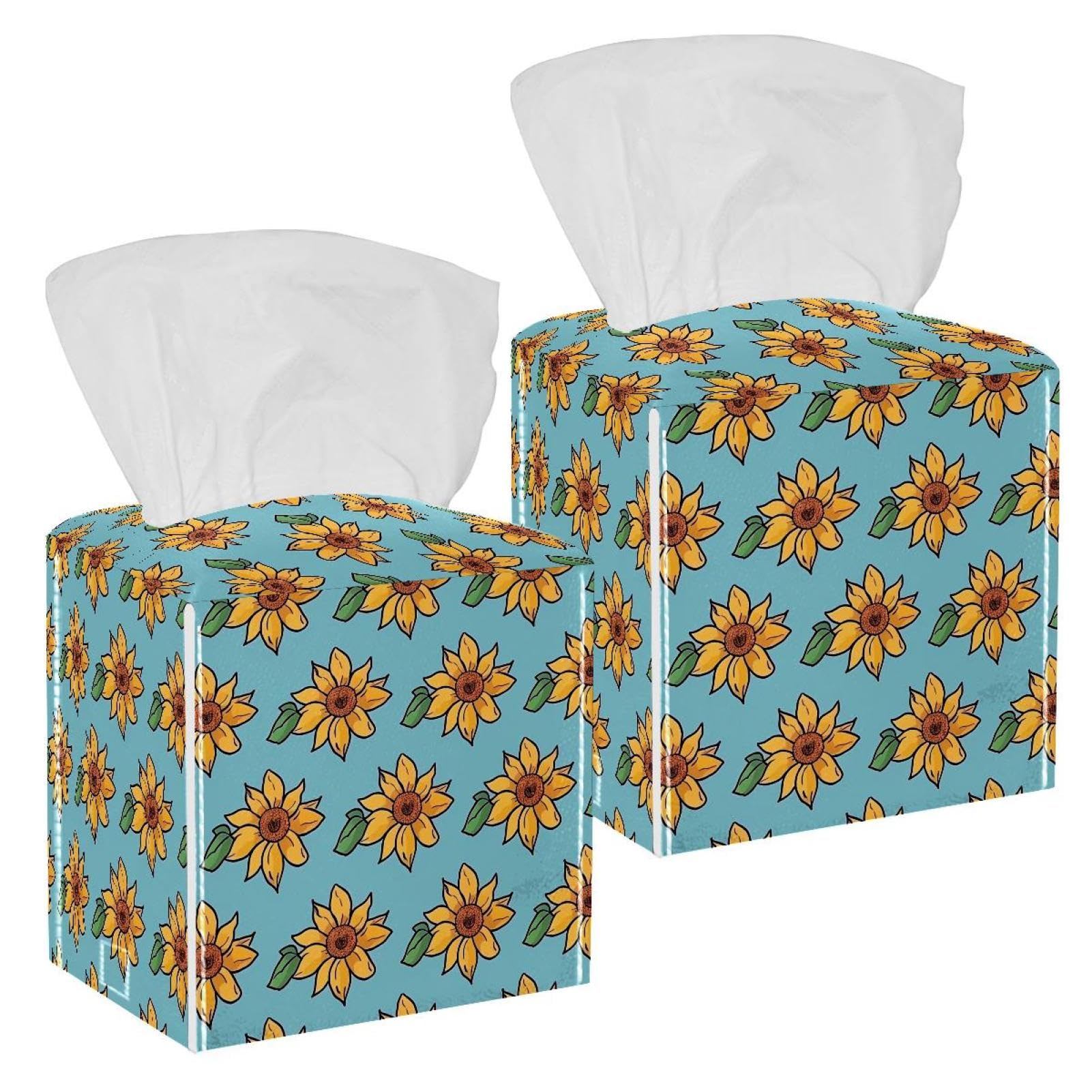 Sunflowers Tissue Box Cover, 2 Pack PU Leather Square Facial Tissue Dispenser Box holder for Home Office Car